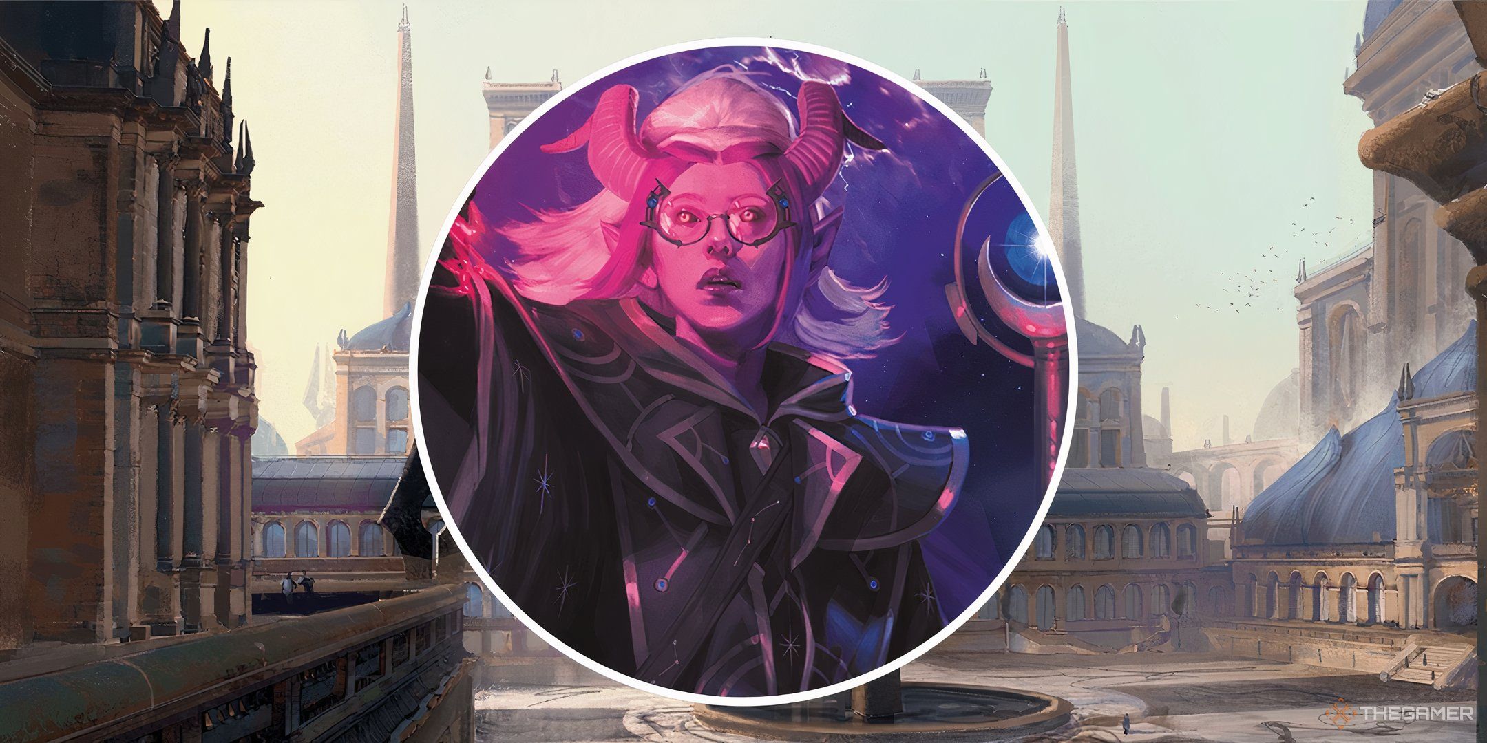 A wizard character in a split image with a storied library in DND.