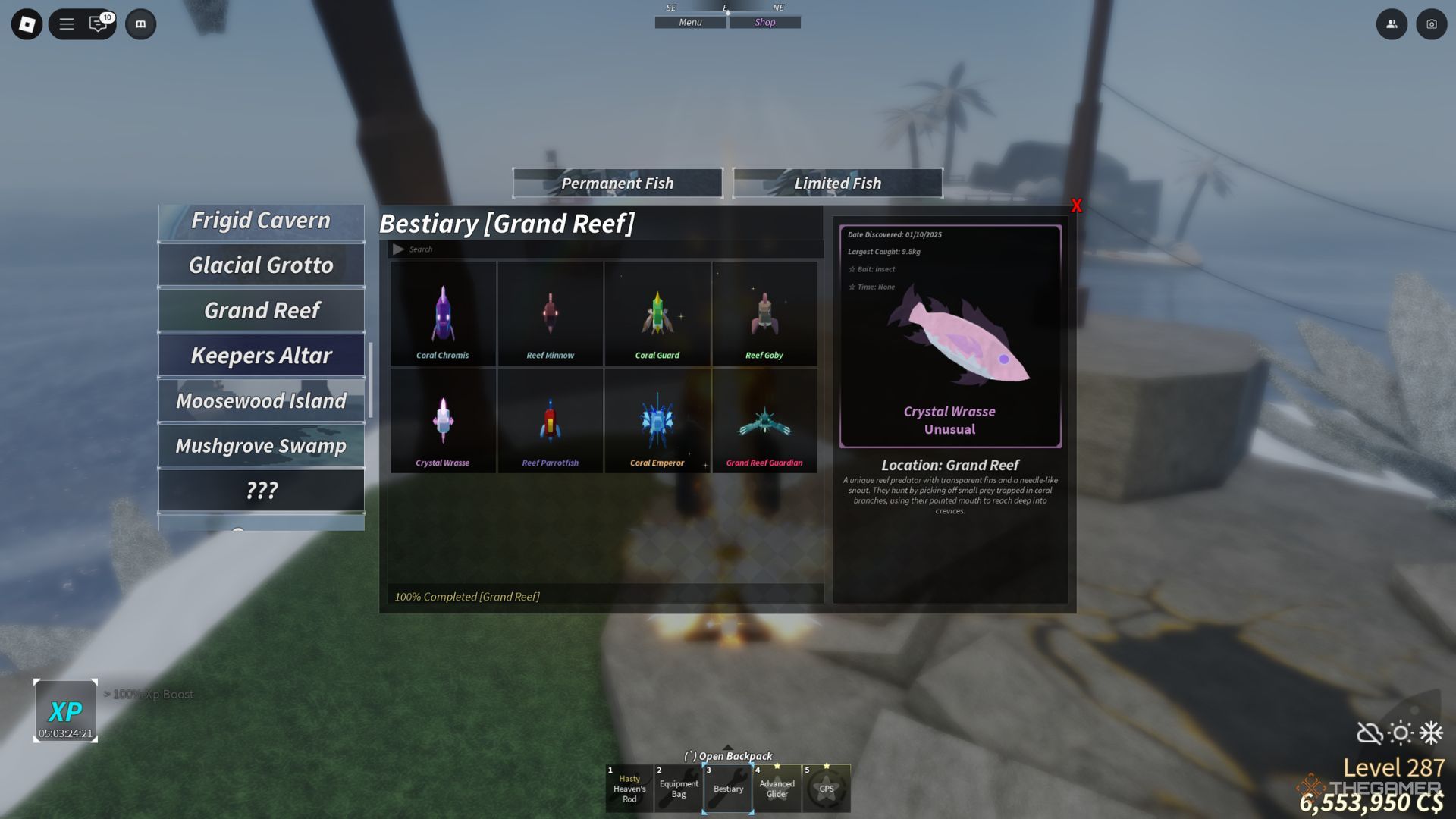 The role of the player shows a crystal vessel in the Grand Reef Bestary in Fish.
