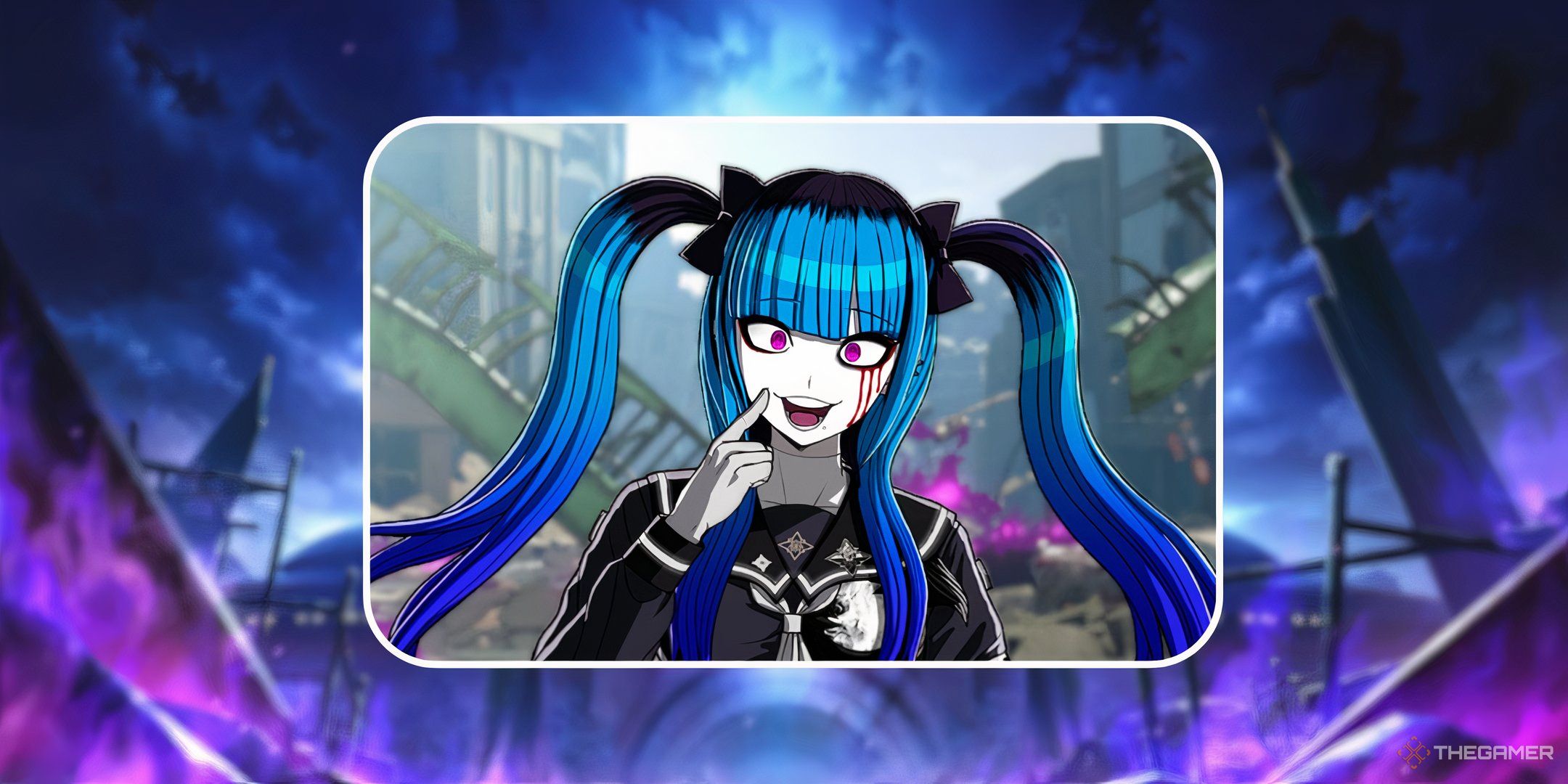 Darumi during combat smiling in front of an image of the title screen for The Hundred Line Last Defense Academy.