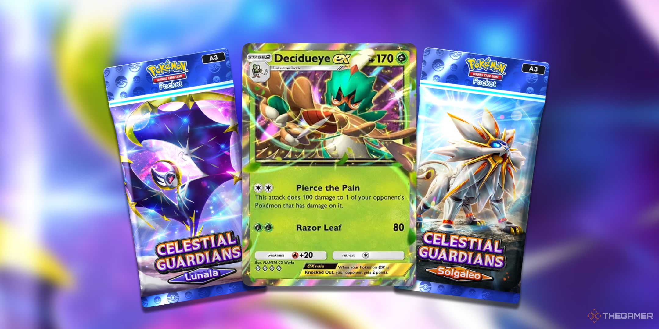 Decidueye ex surrounded by two Pokemon TCG Pocket Celestial Guardians packs.
