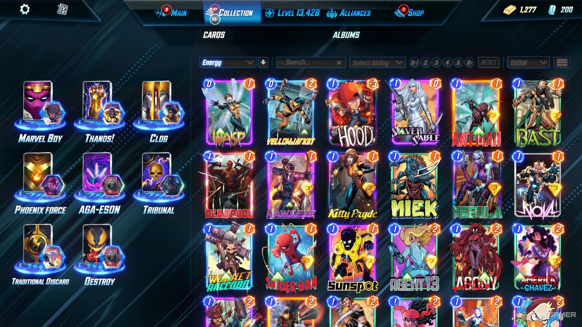 Showcasing different decks beside low-cost cards in Marvel Snap.