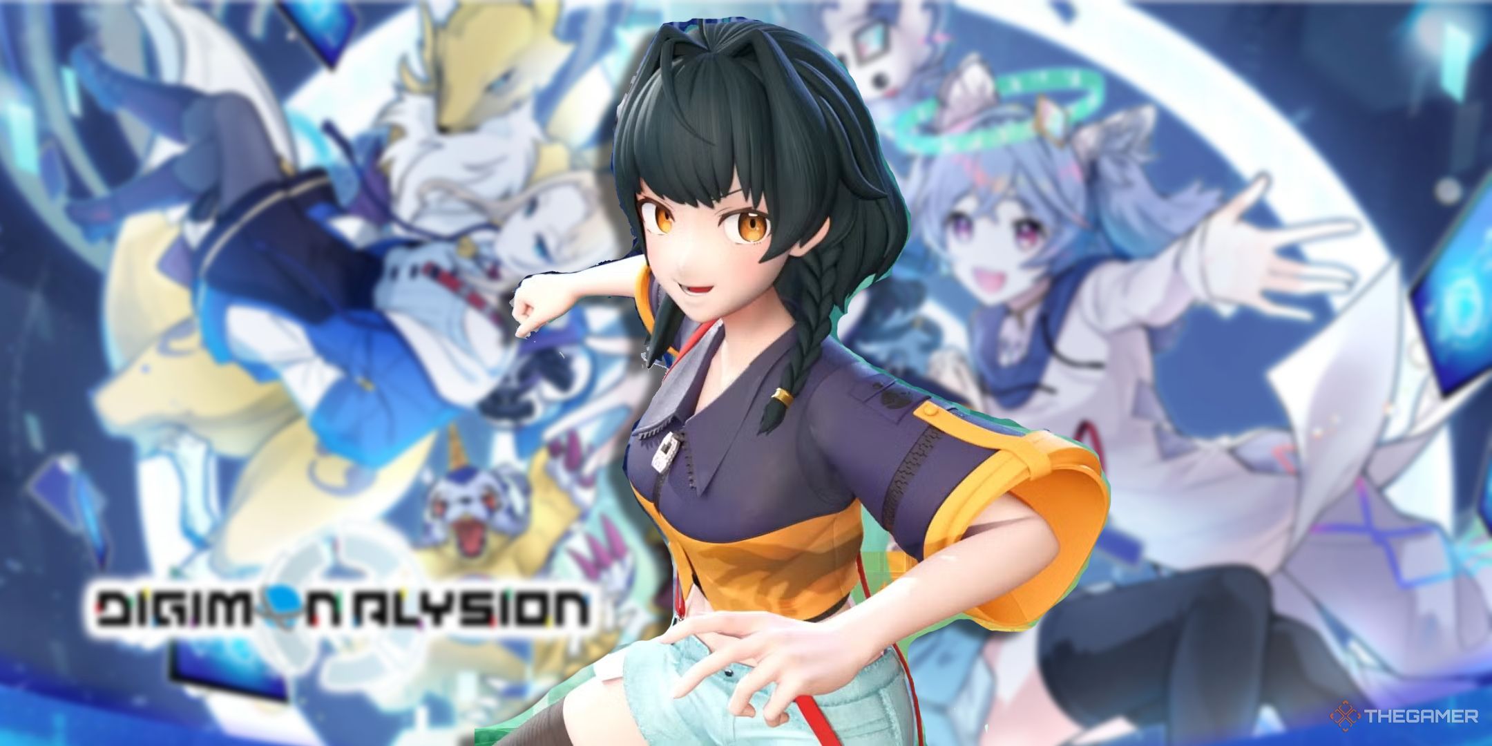 Digimon Alysion protagonist with key art background.