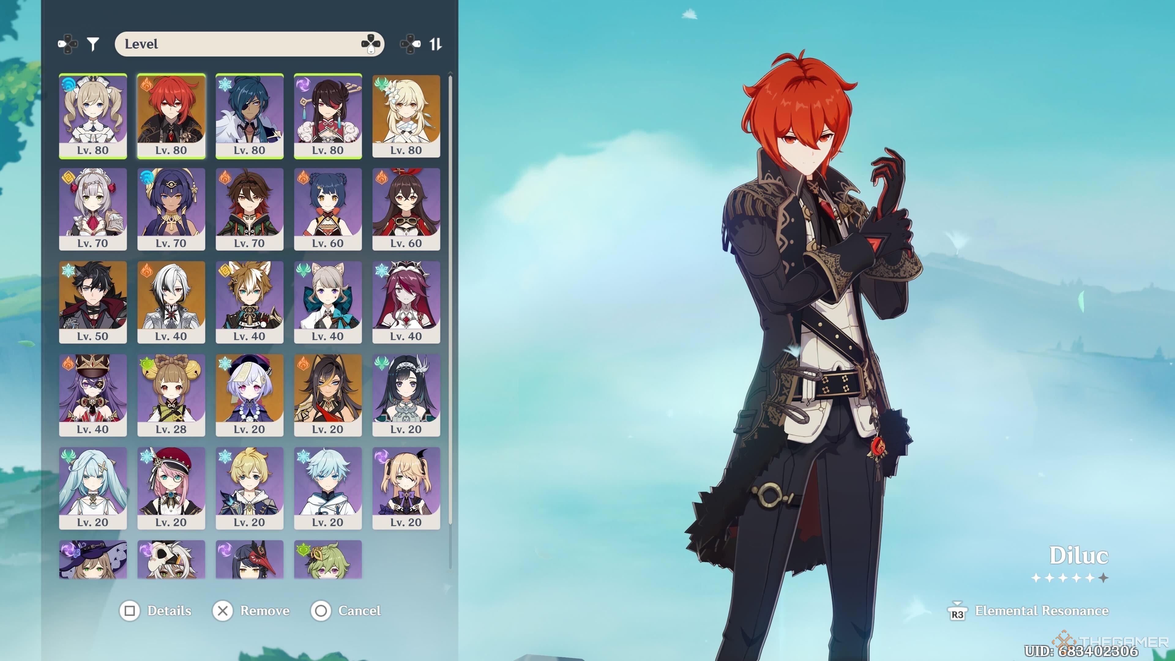 Diluc on a party select screen in Genshin Impact.
