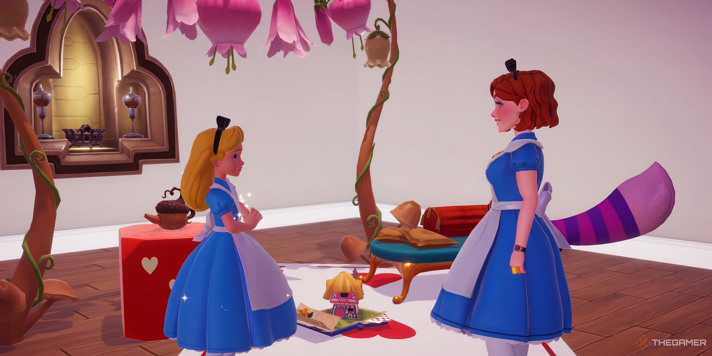 از کجا می توان درخت مینی را در خانه آلیس در دره Dreamlight Disney پیدا کرد 1 آلیس و آواتار در یک اتاق مطالعه با یک کتاب پاپ آپ.