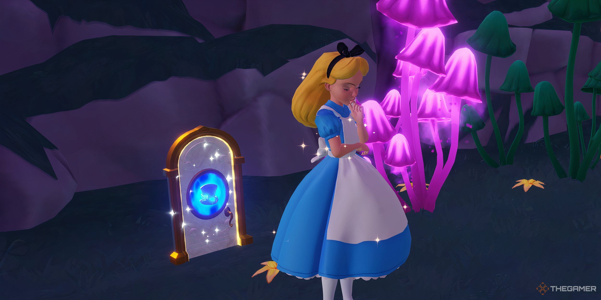 Alice pondering a tiny door next to pink mushrooms.