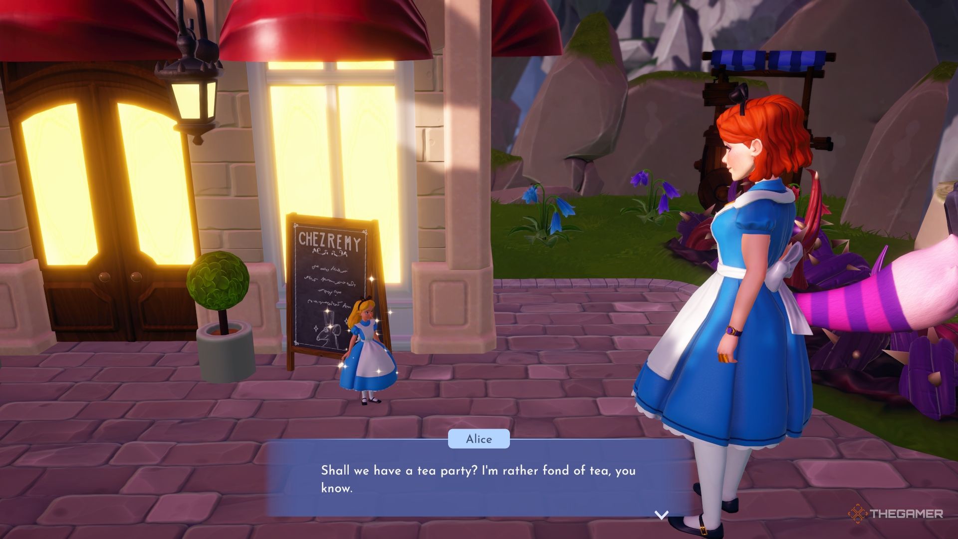 Disney Dreamlight Valley Talking to tiny Alice outside Chez Remy.