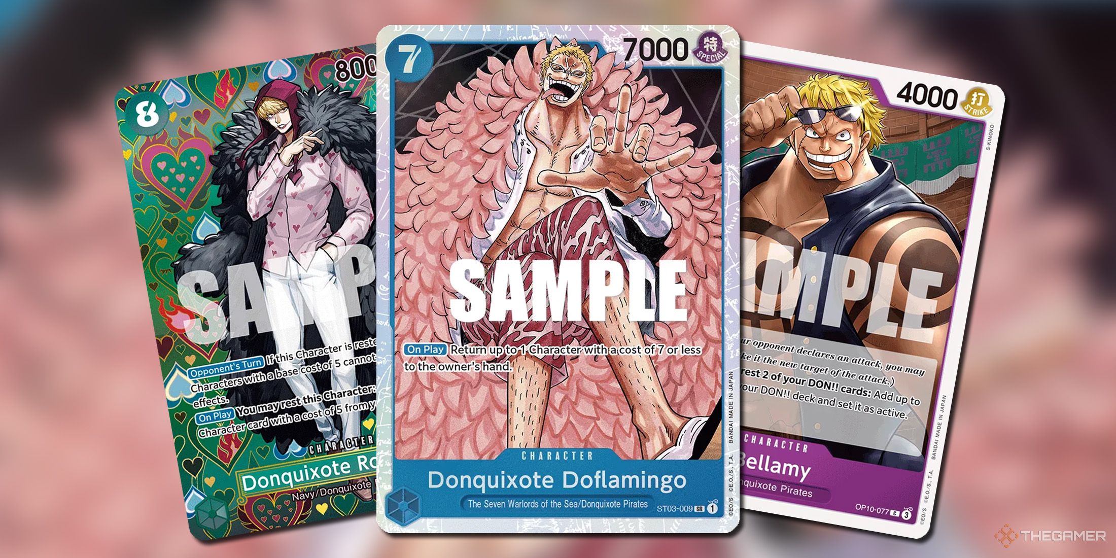 Donquixote Rosinante, Donquixote Flamingo and Bellamy character cards in One Piece Card Game.