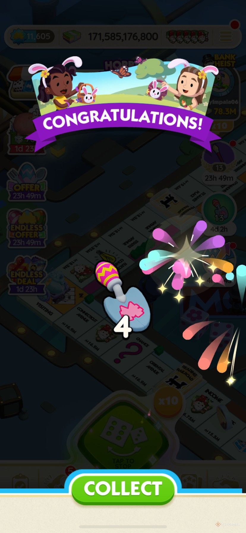 Earning 4 free Spring Treasures tokens in Monopoly Go.