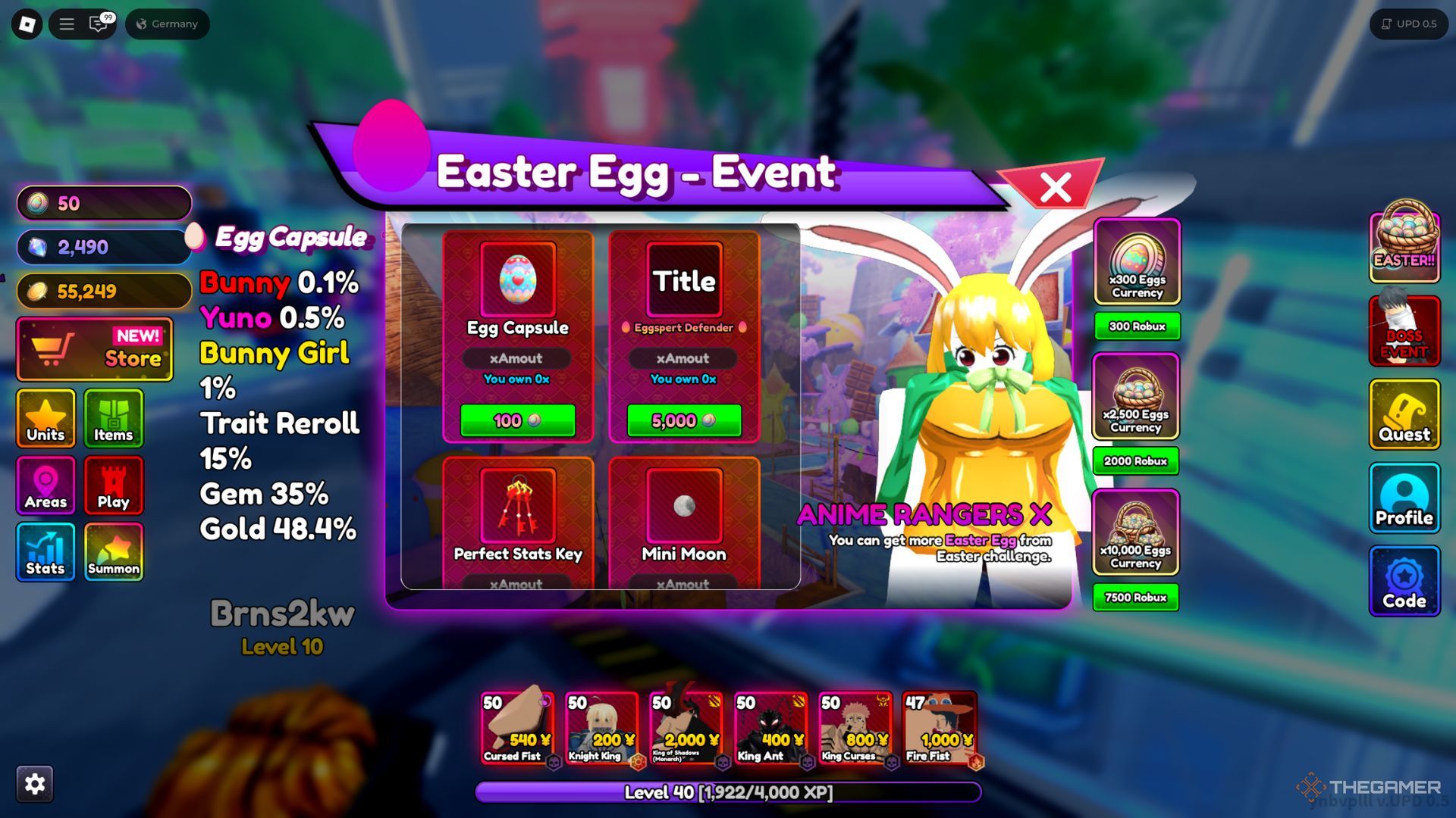 Player Character shows the Easter Event tab in Rangers X.