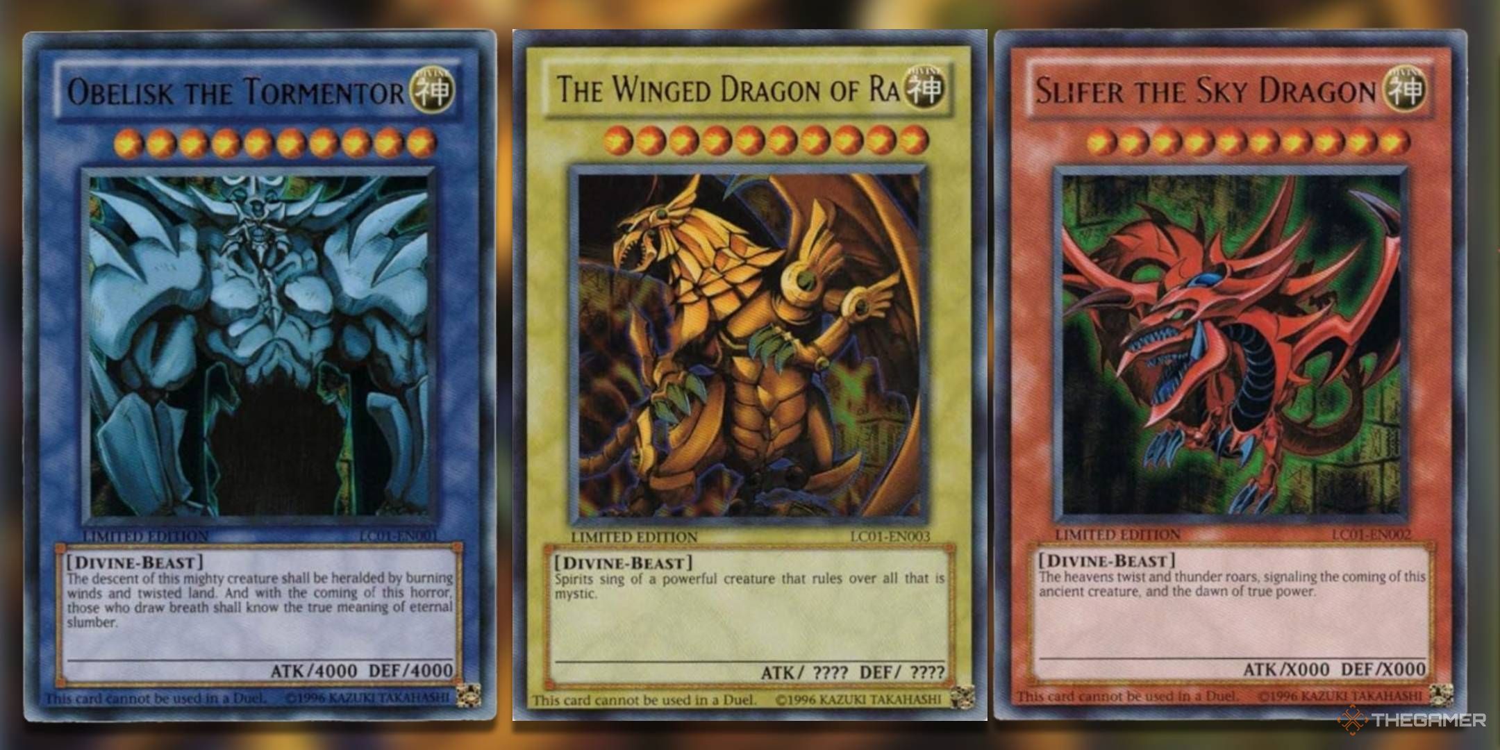 &ldquo;Illegal&rdquo; prints of all three of the Egyptian God Cards: Obelisk the Tormentor, The Winged Dragon of Ra, and Slifer the Sky Dragon.
