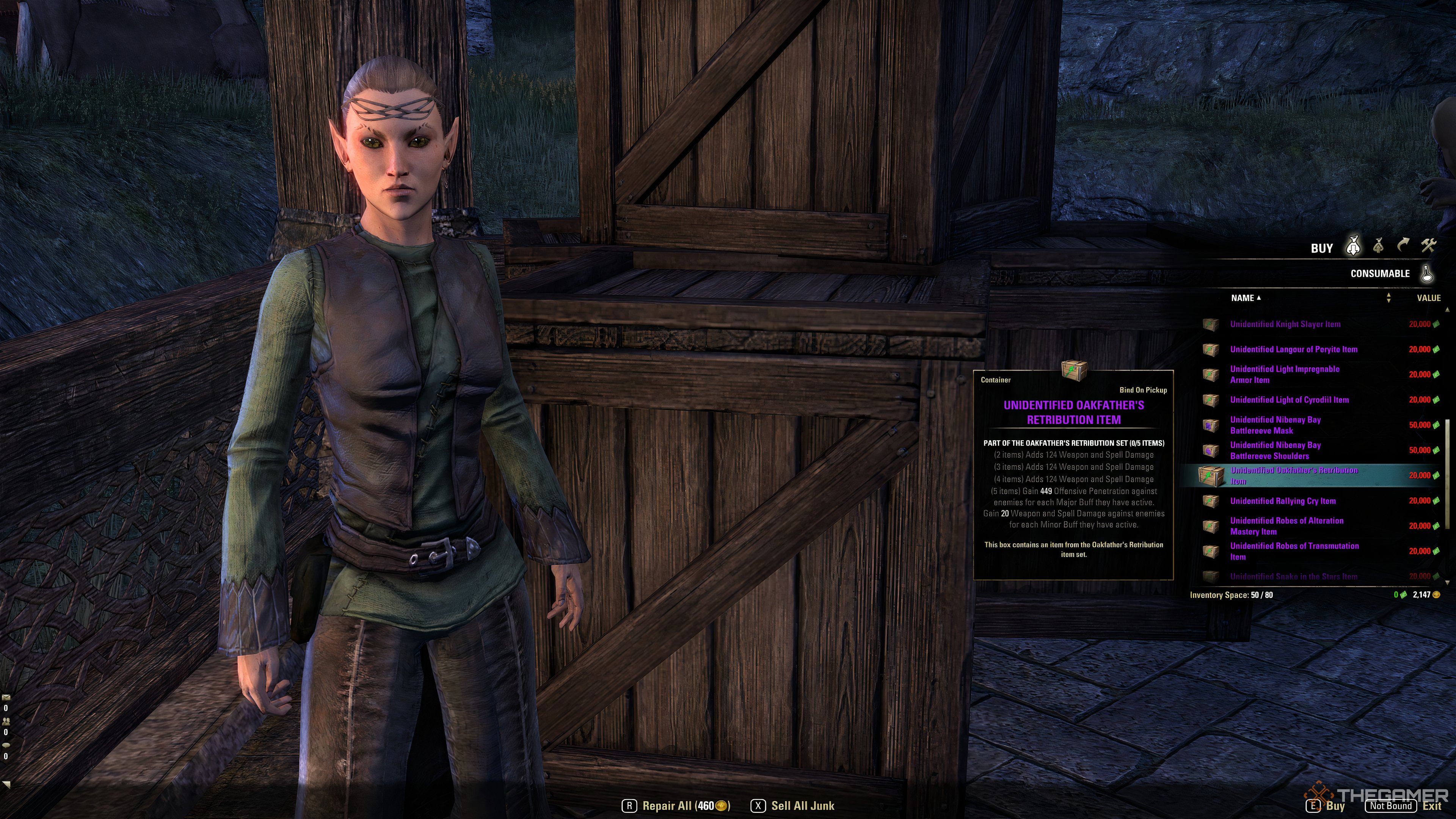 Elite Gear vendor selling an unknown Oak Father's revenge item in Cyrodel