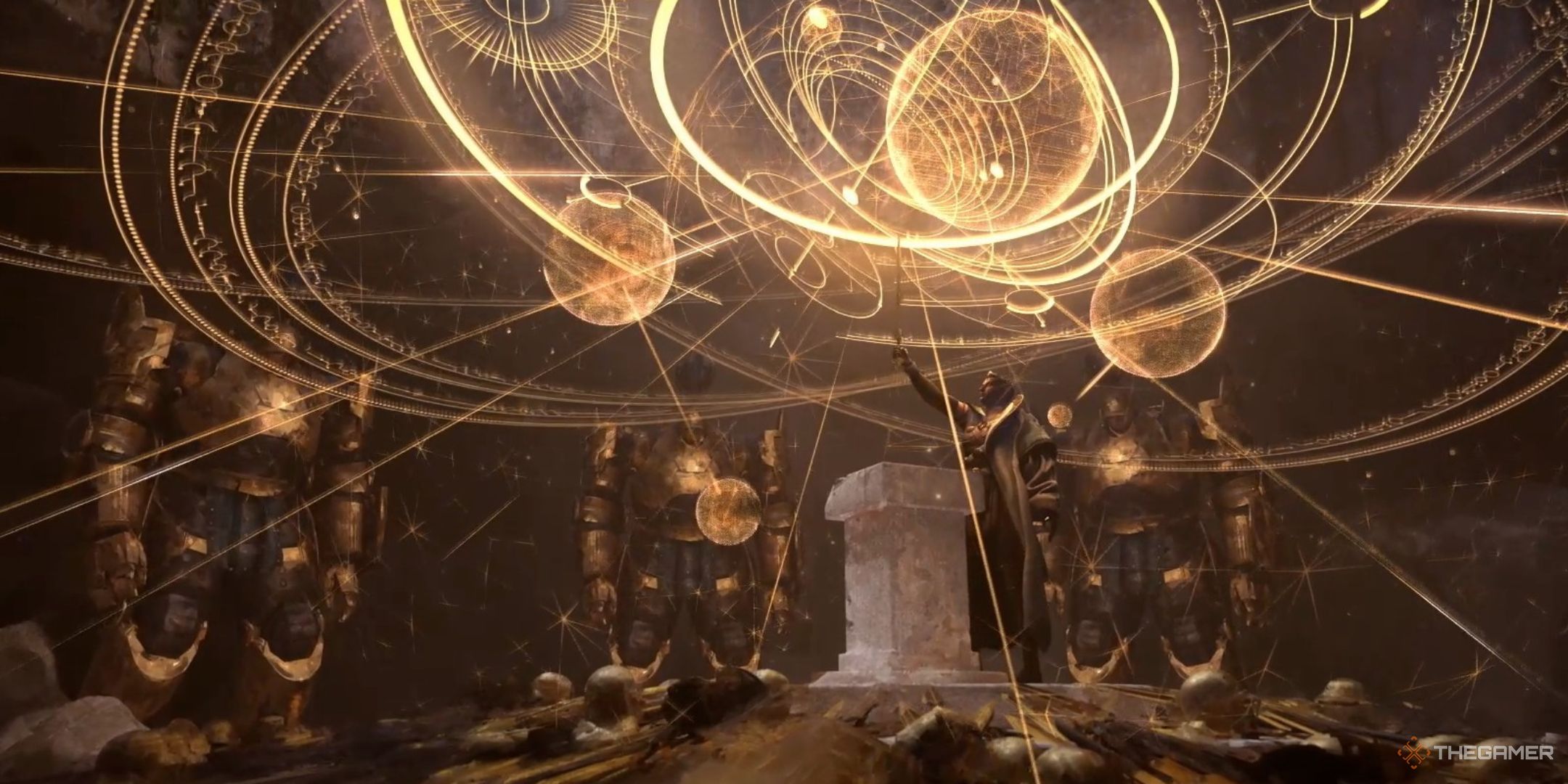 the kin of sheredyn leader raises garin&rsquo;s blade as a holographic astrolabe of dust appears in the faction opening to endless legend 2.