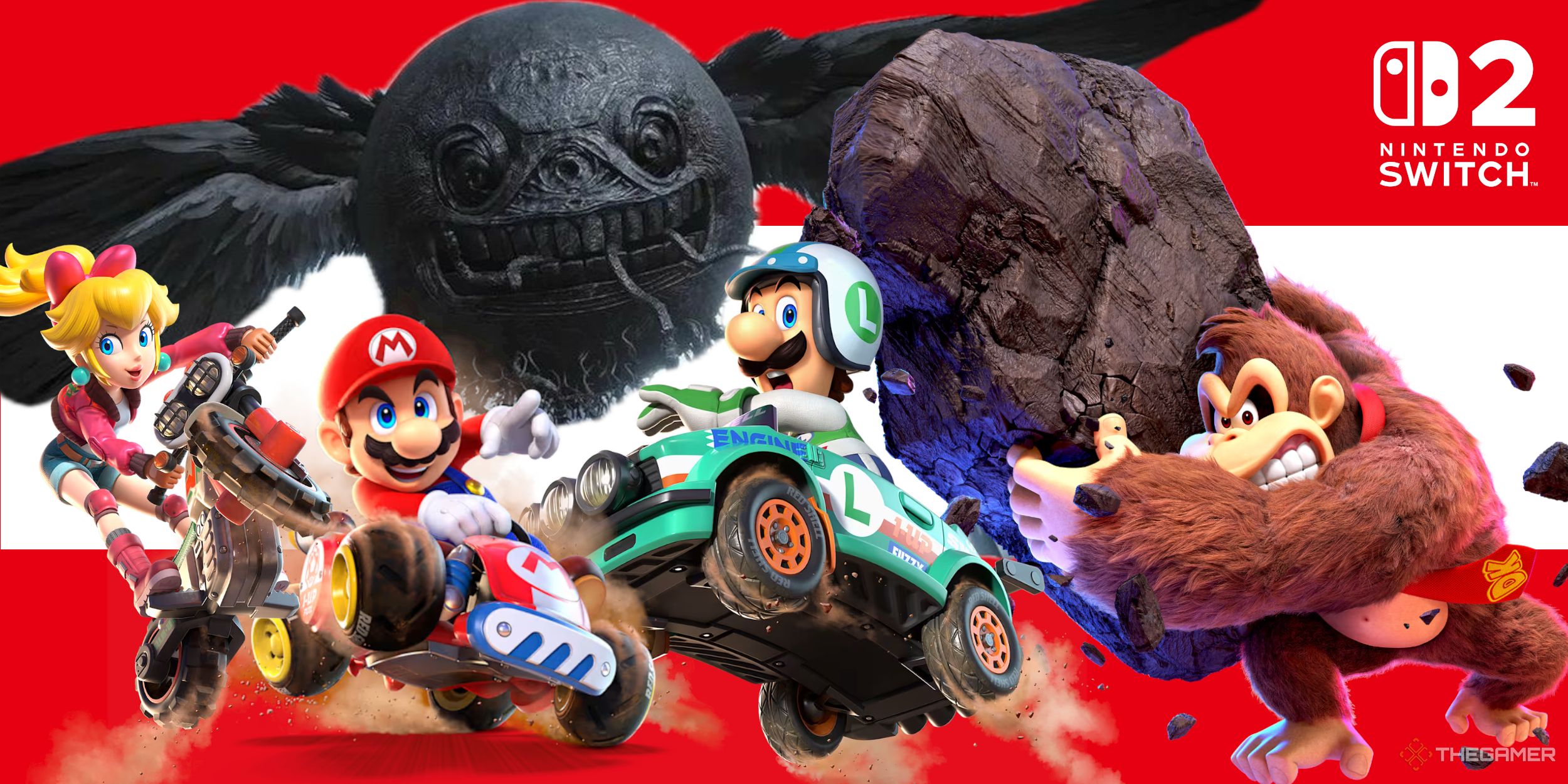 A collage of images showcasing Princess Peach, Mario, and Luigi from Mario Kart World, Donkey Kong from Donkey Kong Bananza, and a grotesque moon-like enemy from The Duskbloods.