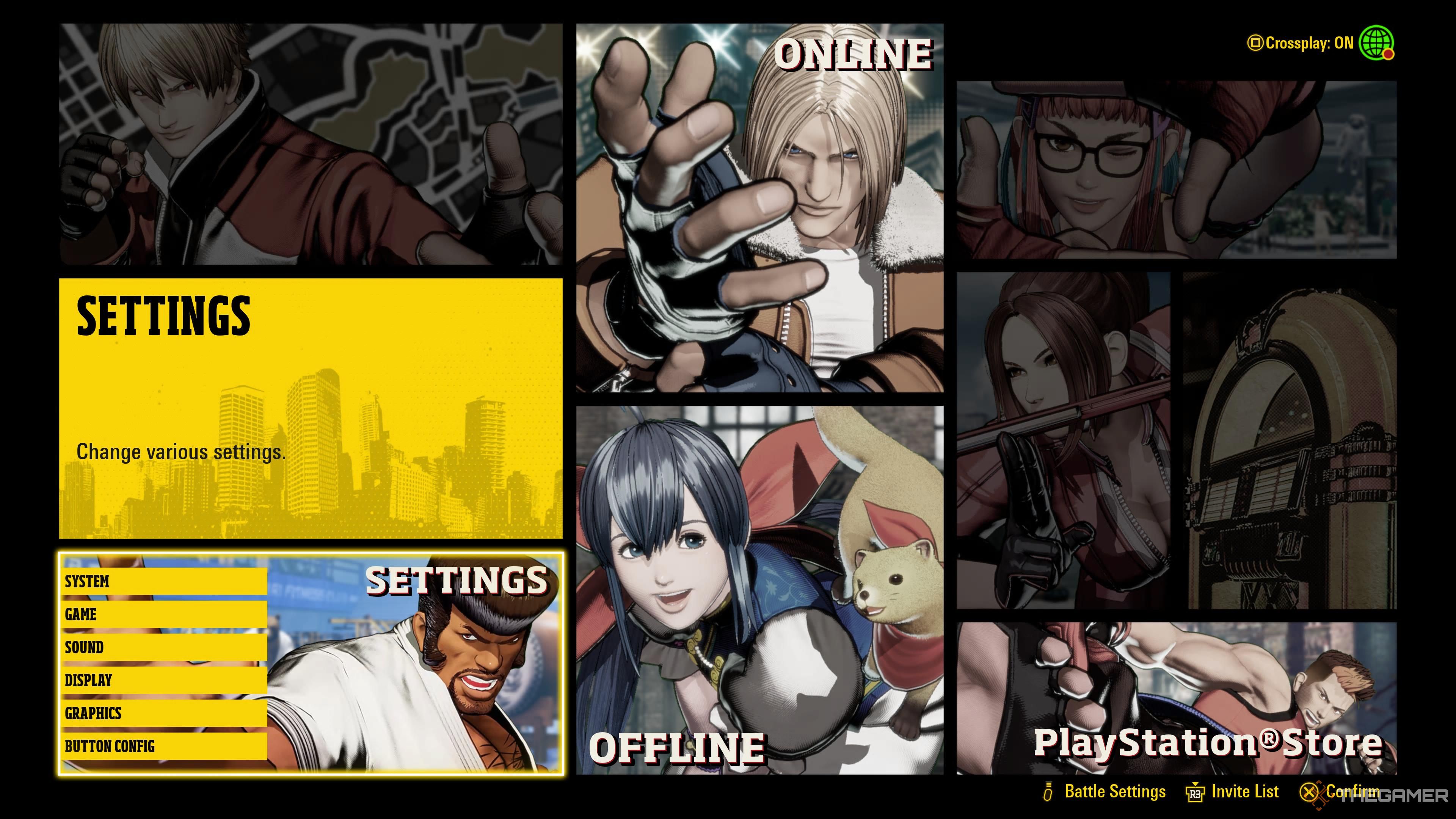 A screenshot of the main menu, showing the Settings section in Fatal Fury: City of the Wolves.