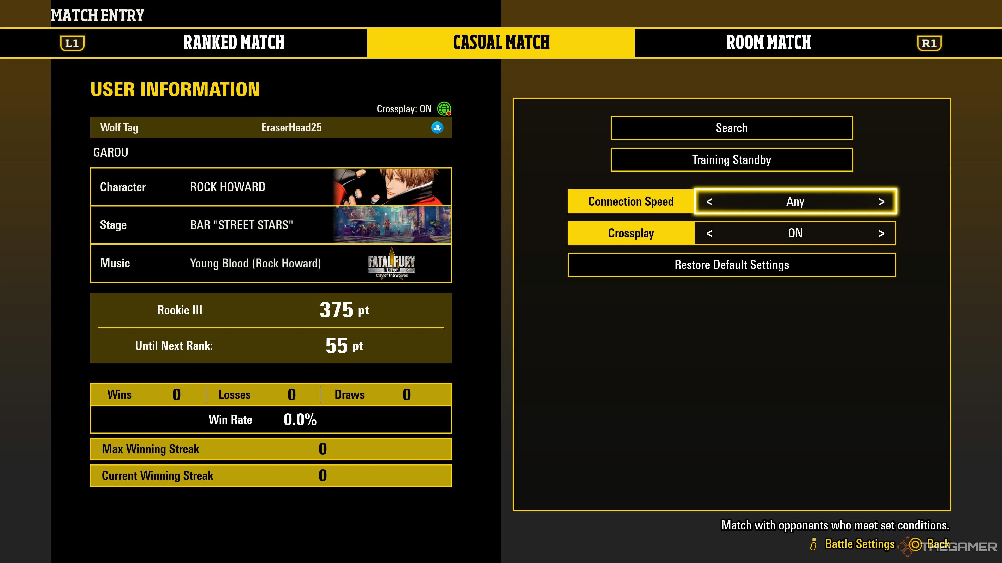 A screenshot of the Casual Match menu and its settings in Fatal Fury: City of the Wolves.