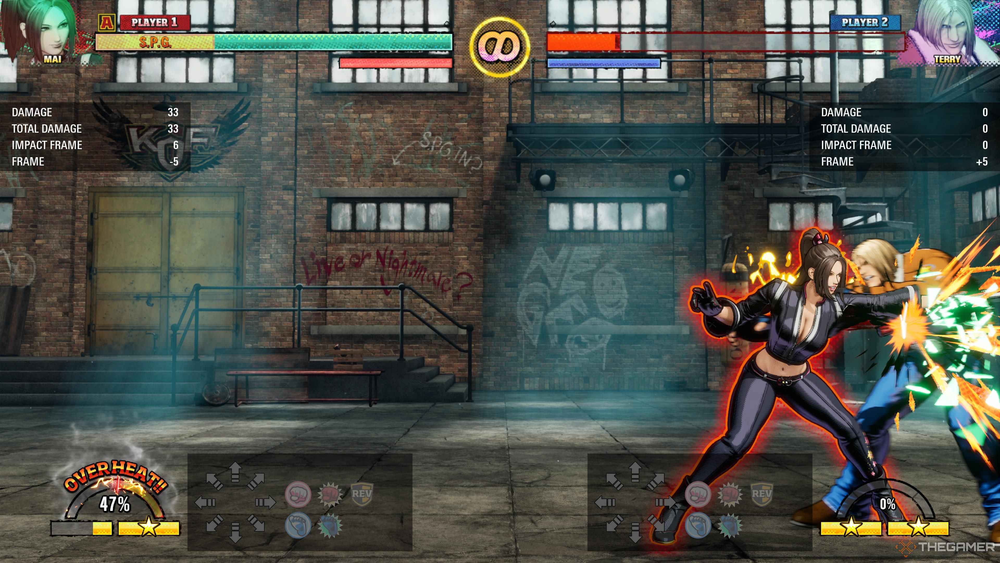 A gameplay screenshot showing Mai attacking Terry in Training Mode in Fatal Fury: City of the Wolves.