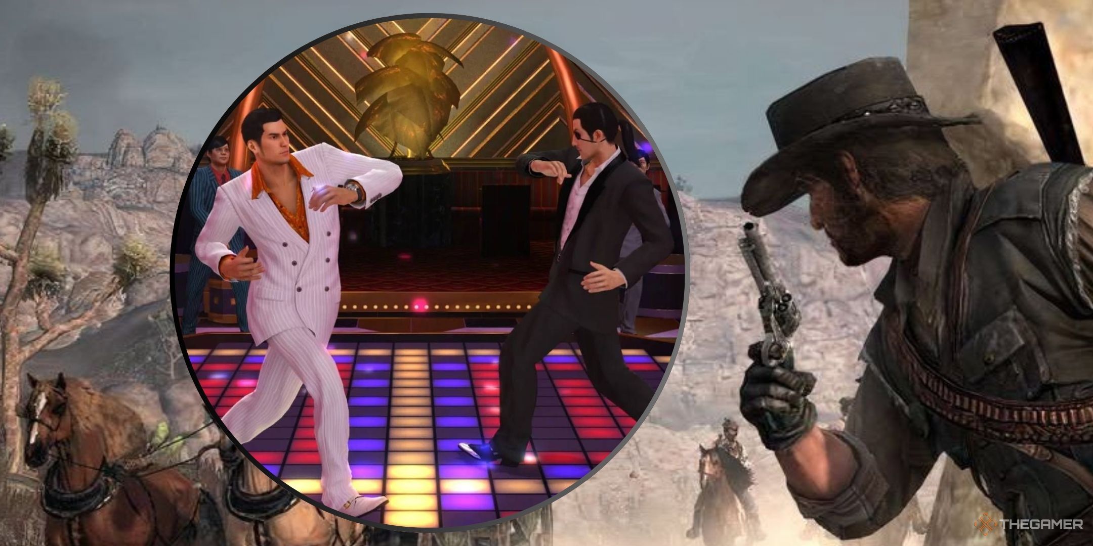 Featured image of John Marston looking over at image of Kiryu and Majima dancing.