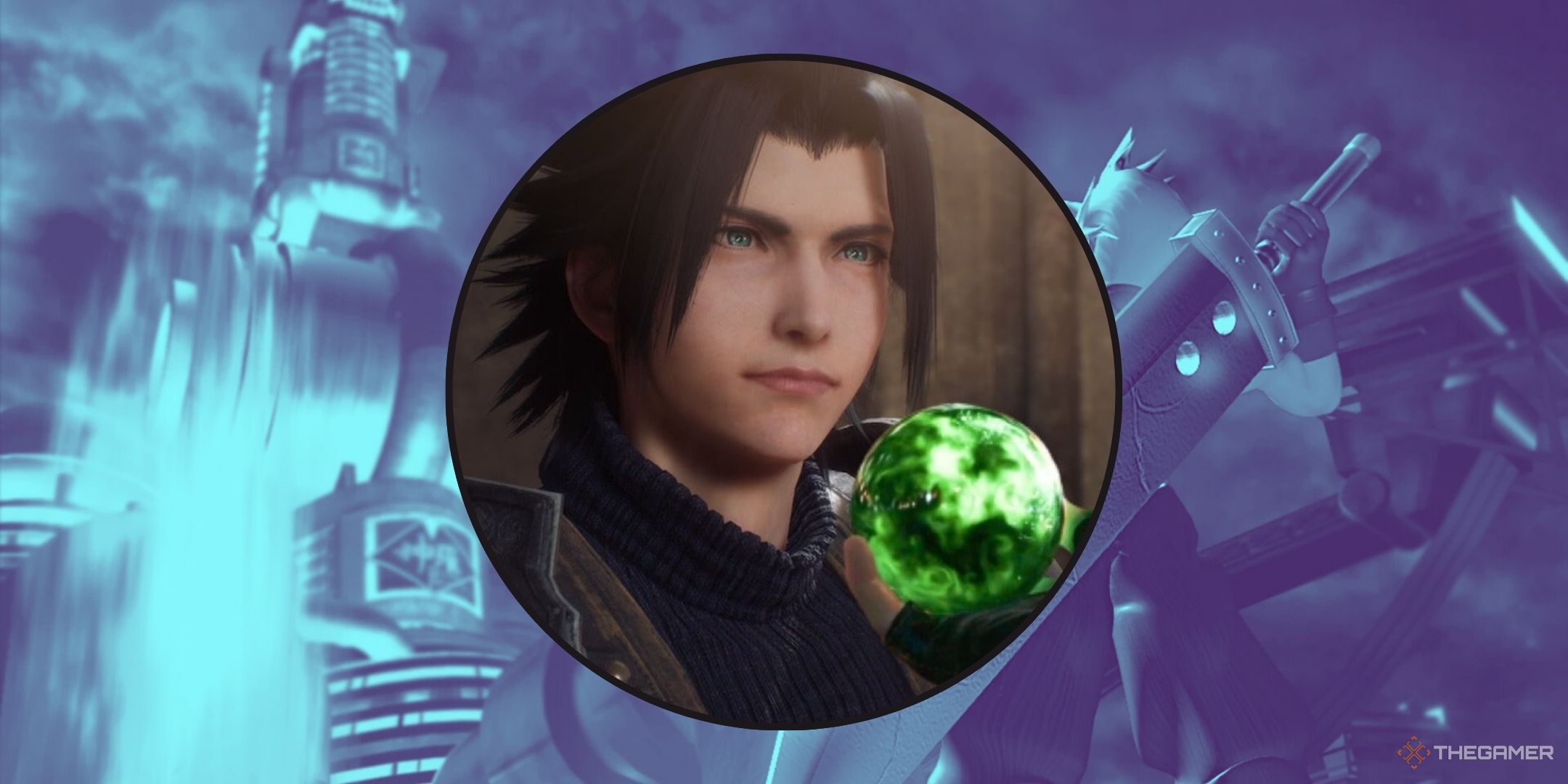 Featured image of Zack in a circle with a Final Fantasy 7 background.