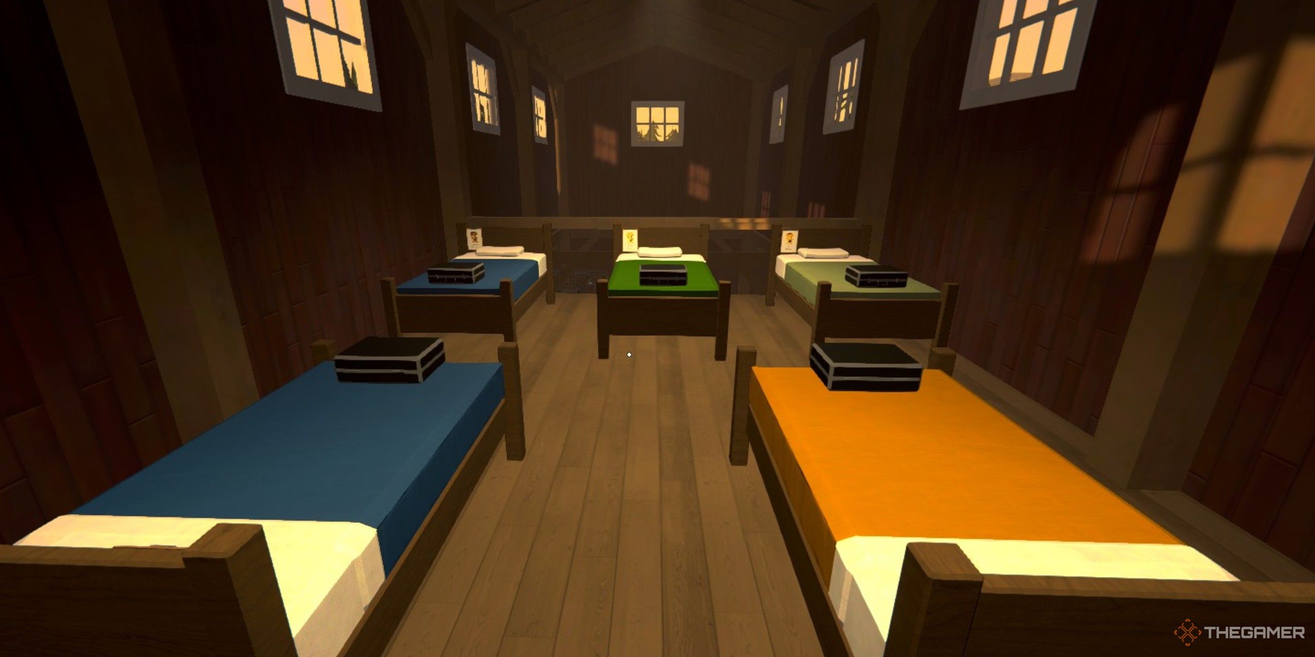 Close up view of five different employee beds placed down on the top floor of the barn in Schedule 1.