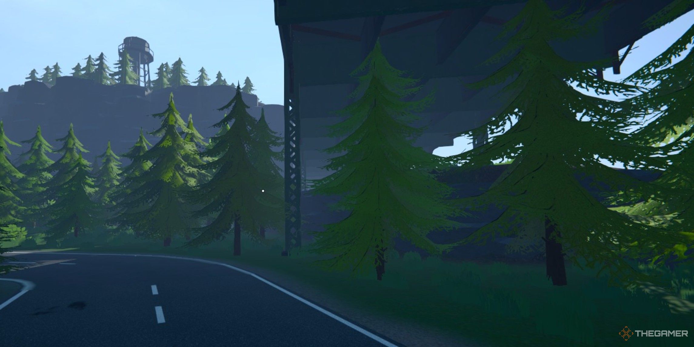Close up view of a section of the South Overpass full of trees and a road during the day in Schedule 1.