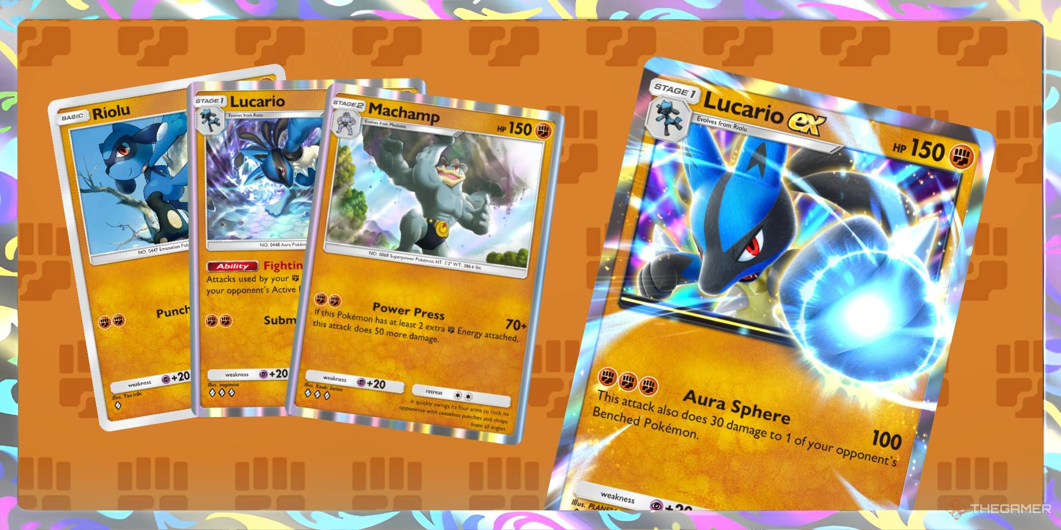 A collage featuring the Lucario ex, Machamp, Lucario, and Riolu cards, all featured in the Fighting-type Mass Outbreak event, over a Fighting Energy wallpaper.