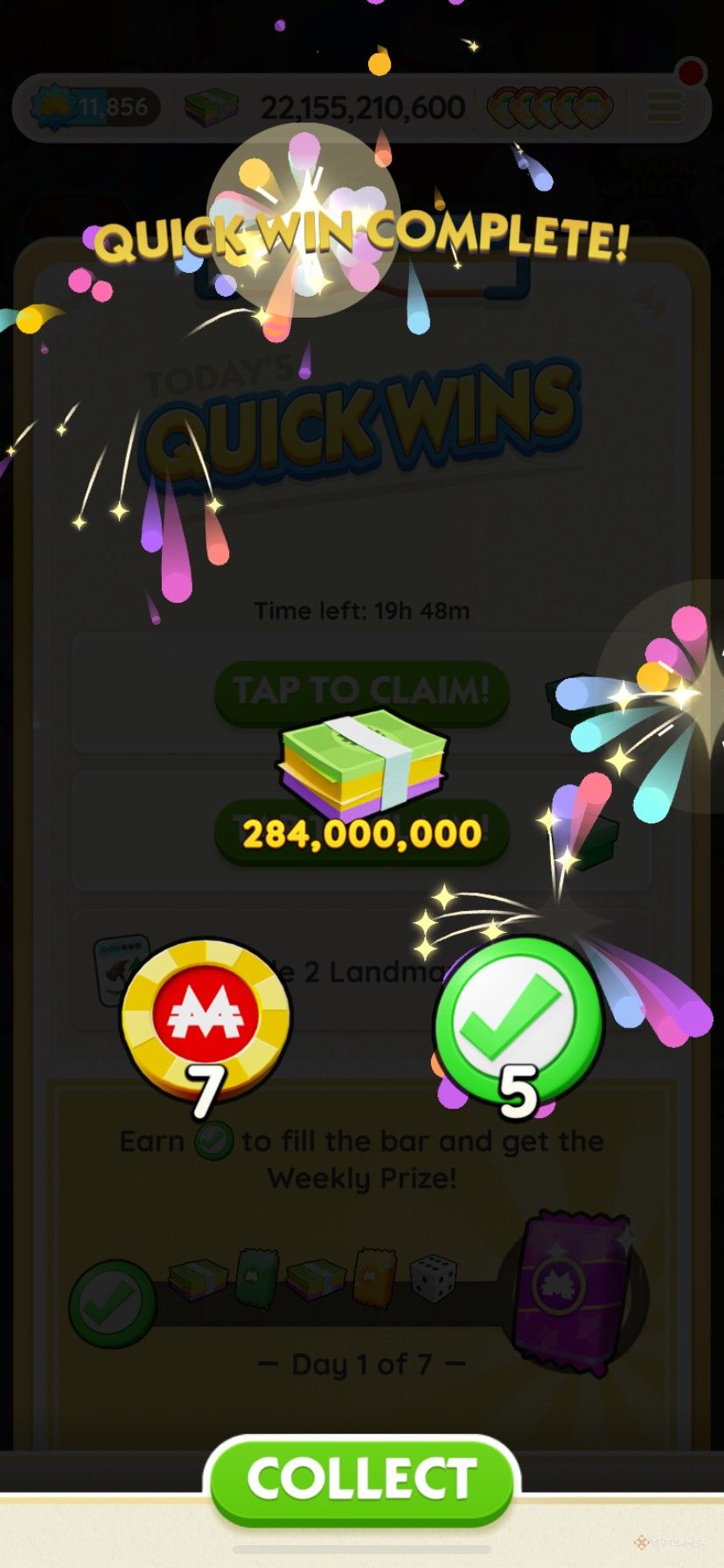 Getting cash and free Peg-E Sticker Drop tokens from a daily quick win in Monopoly Go.