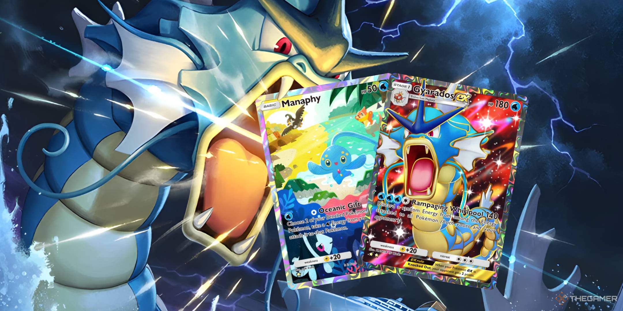 A Gyarados in a stormy sea getting ready to blast Pokemon TCG Pocket&rsquo;s Manaphy and Gyarados ex cards with a Hyper Beam.