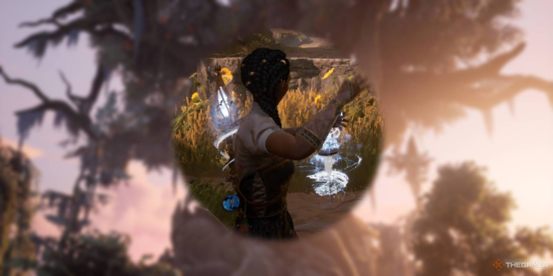 Hazel using her spindle in a spell on blurred background from South of Midnight.