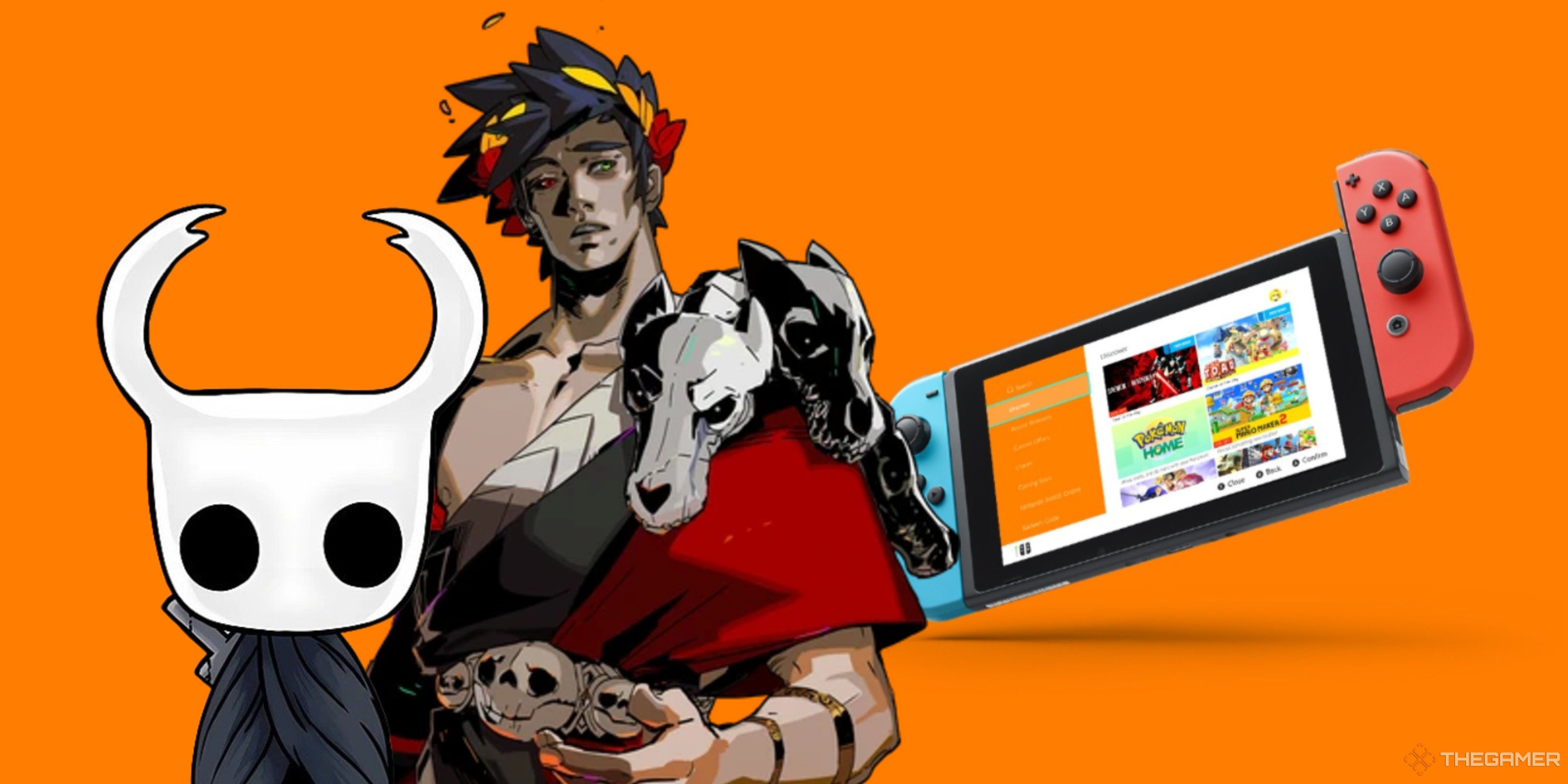 hollow knight and zagreus next to a nintendo switch.