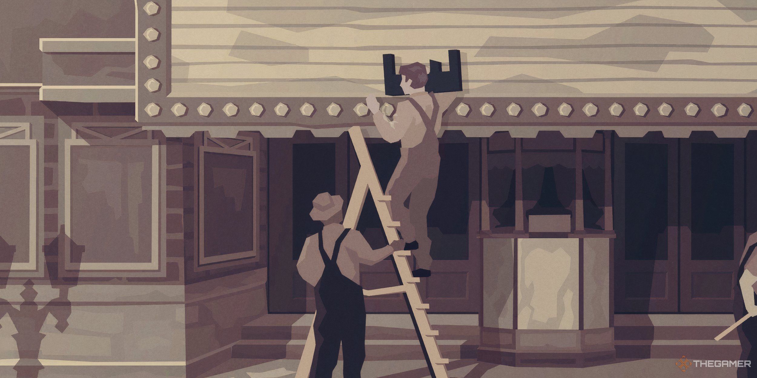 A man on a ladder setting up the title on a theater&rsquo;s display sign.