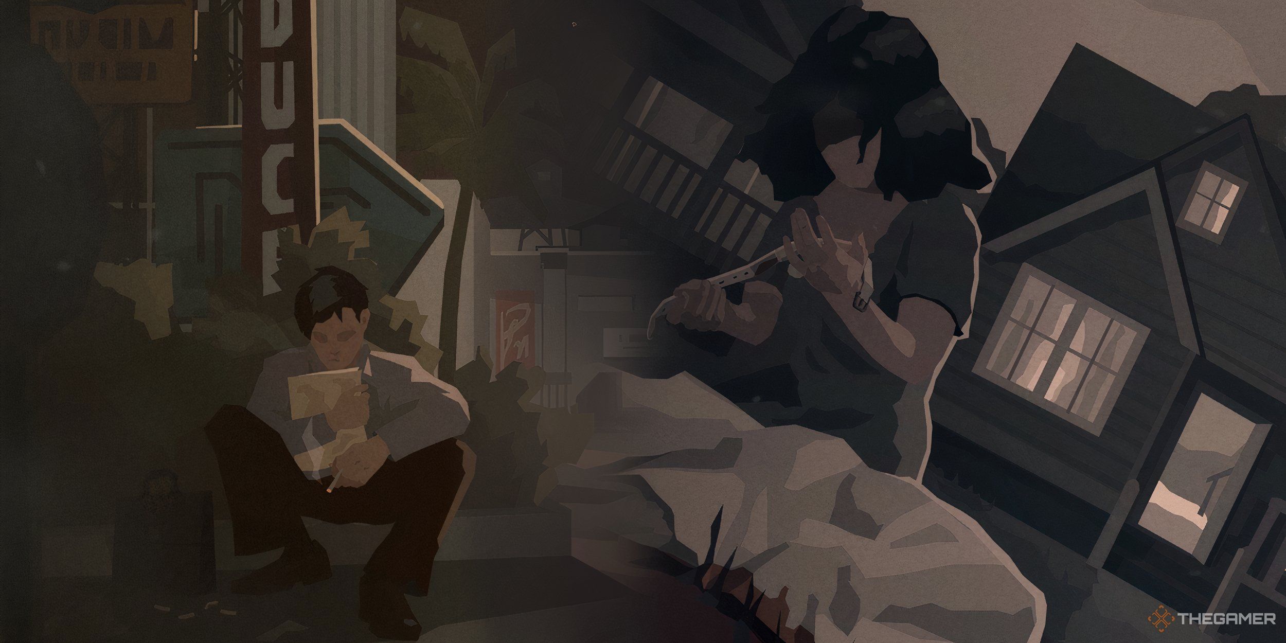 Collage of a man with a script and a woman with a bloody dog collar.