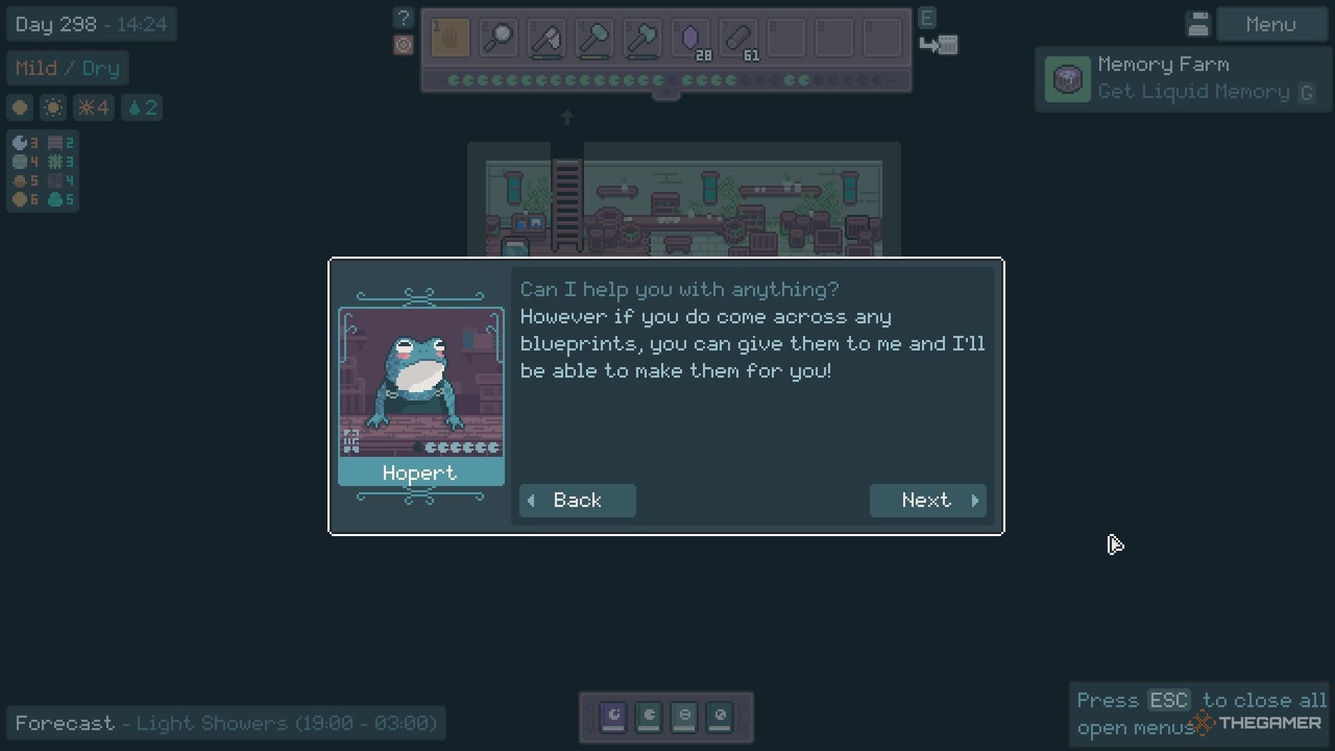 Hopert offering to make new machines with blueprints you find in Mudborne.