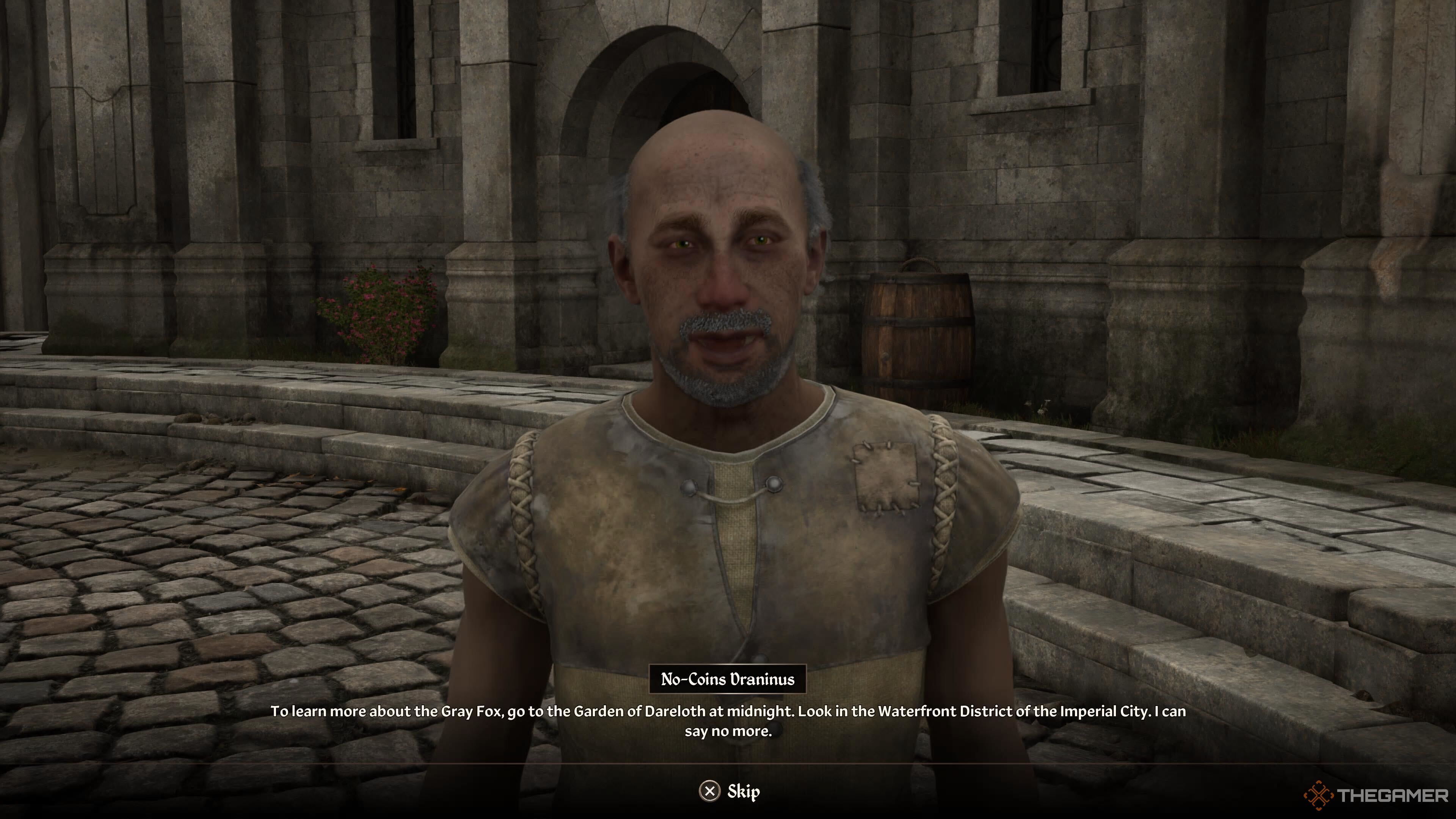 A beggar teaches you how to seek the Gray Fox in Oblivion Remastered.