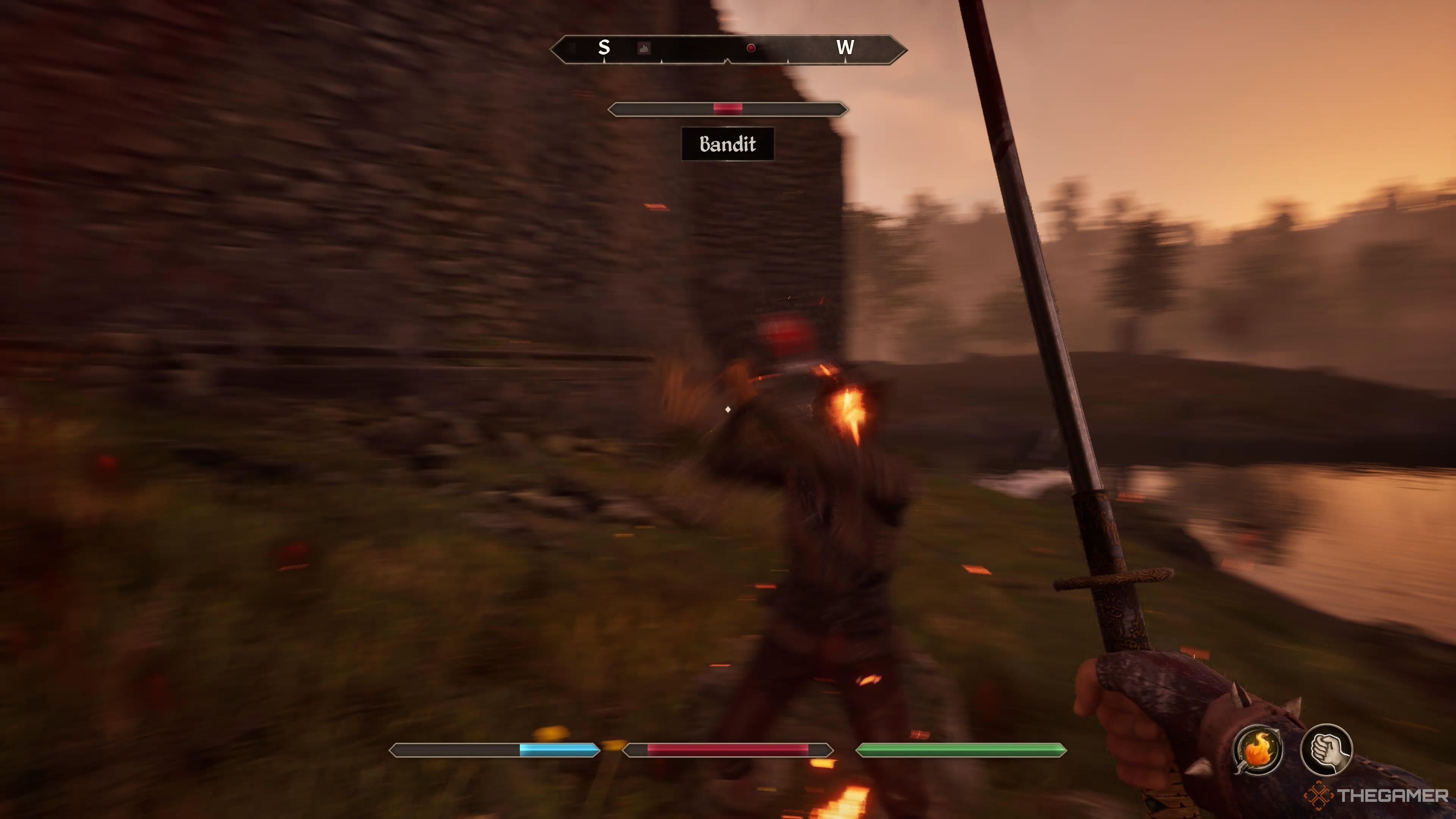 Fighting a bandit near the ruins of AYLEID in the reconstructed Oblivion.