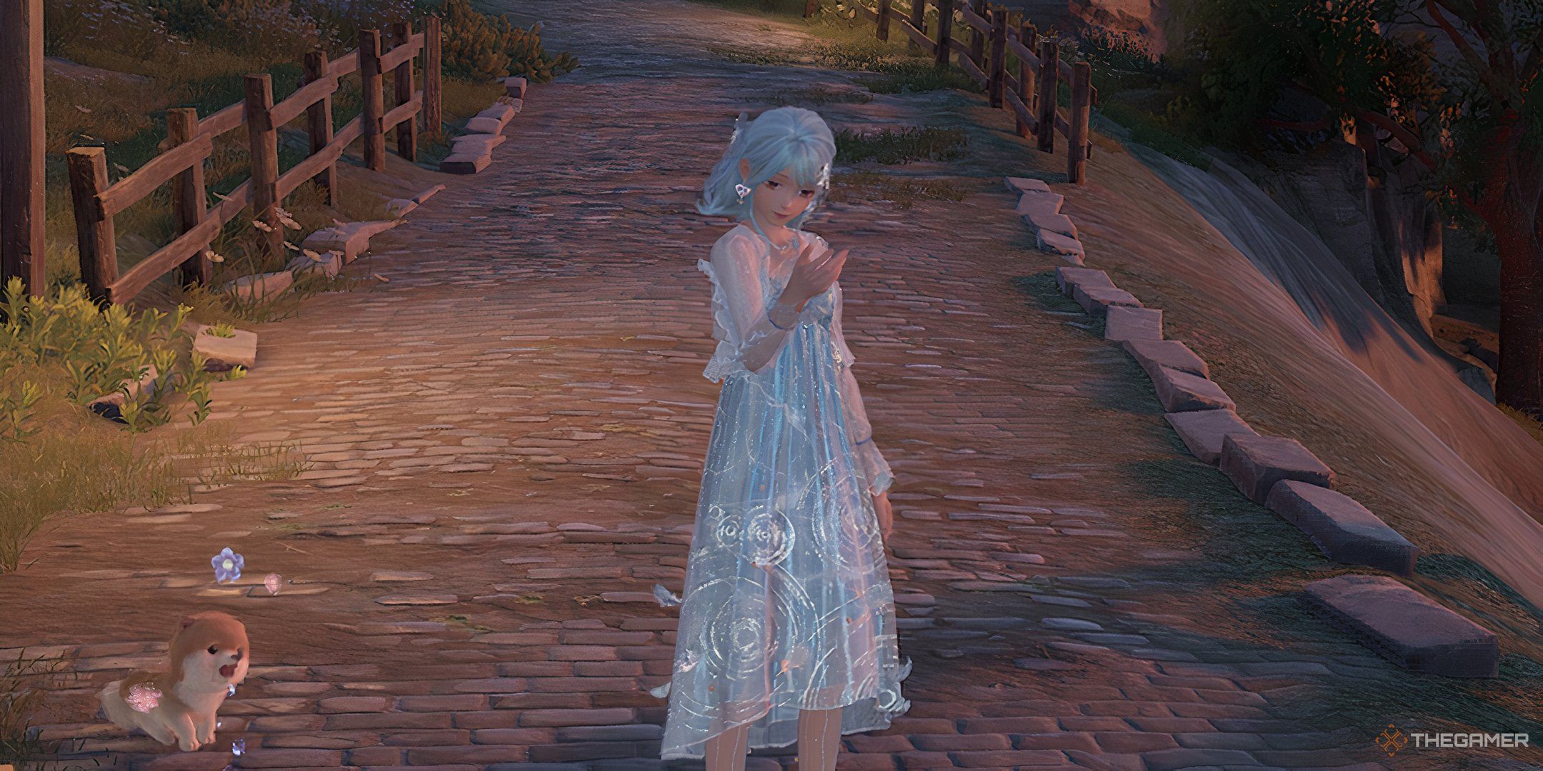 Nikki in the Heartlake Ripples outfit staring at her hand in Florawish at dusk.