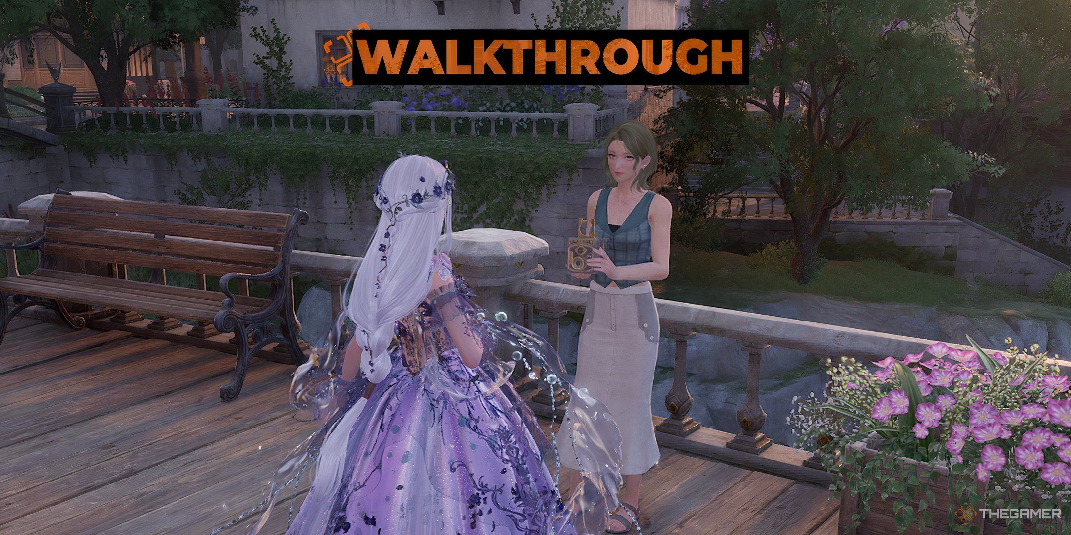 Nikki talking to Ceretti with a camera in Florawish with Walkthrough written overhead.
