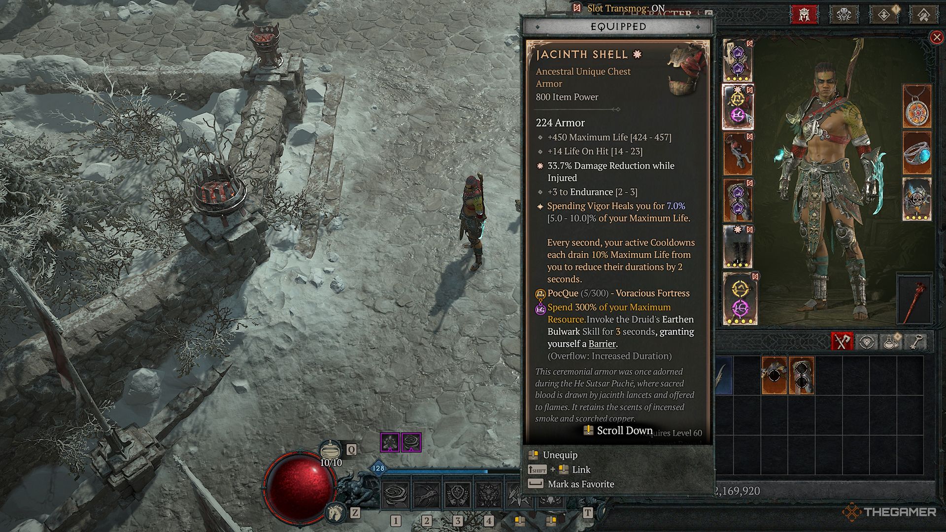 The Jacinth Shell equipped on a Spiritborn in Diablo 4.