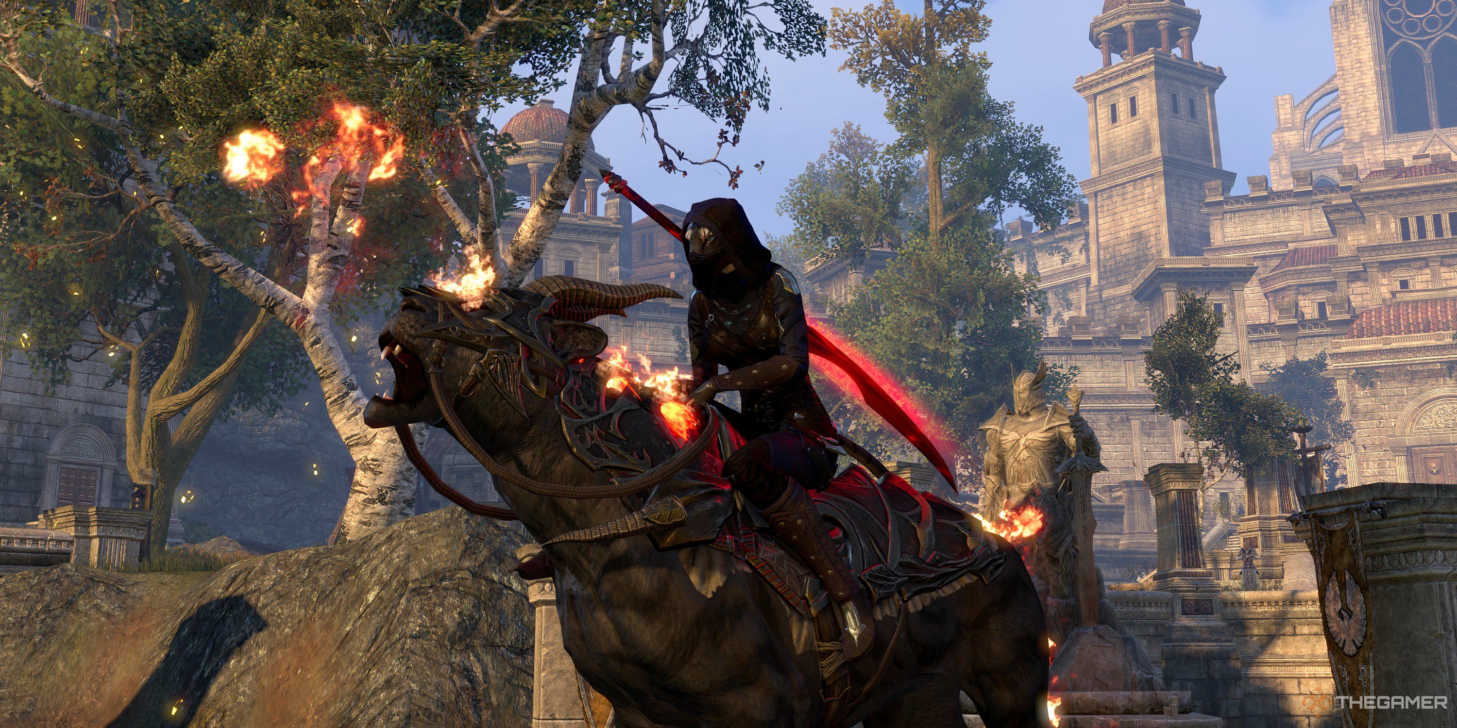 Khajiit nightblade riding a fire breathing, armored tiger in front of a castle.