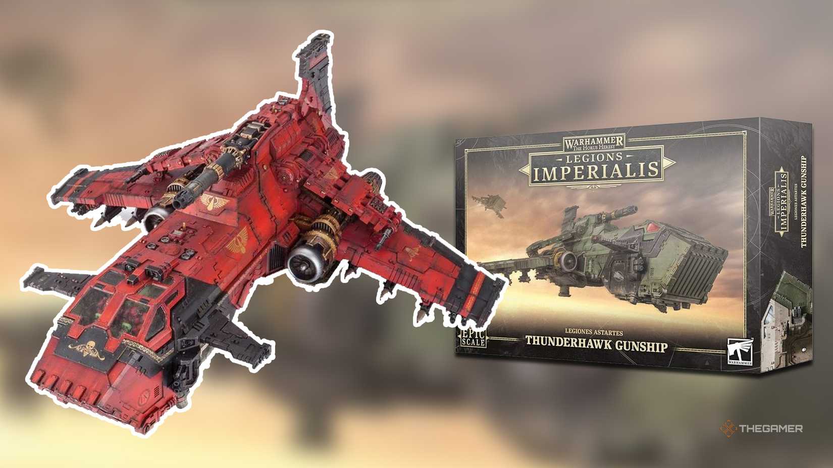 Legion Thunderhawk Gunship product box and miniature in Warhammer 40,000.