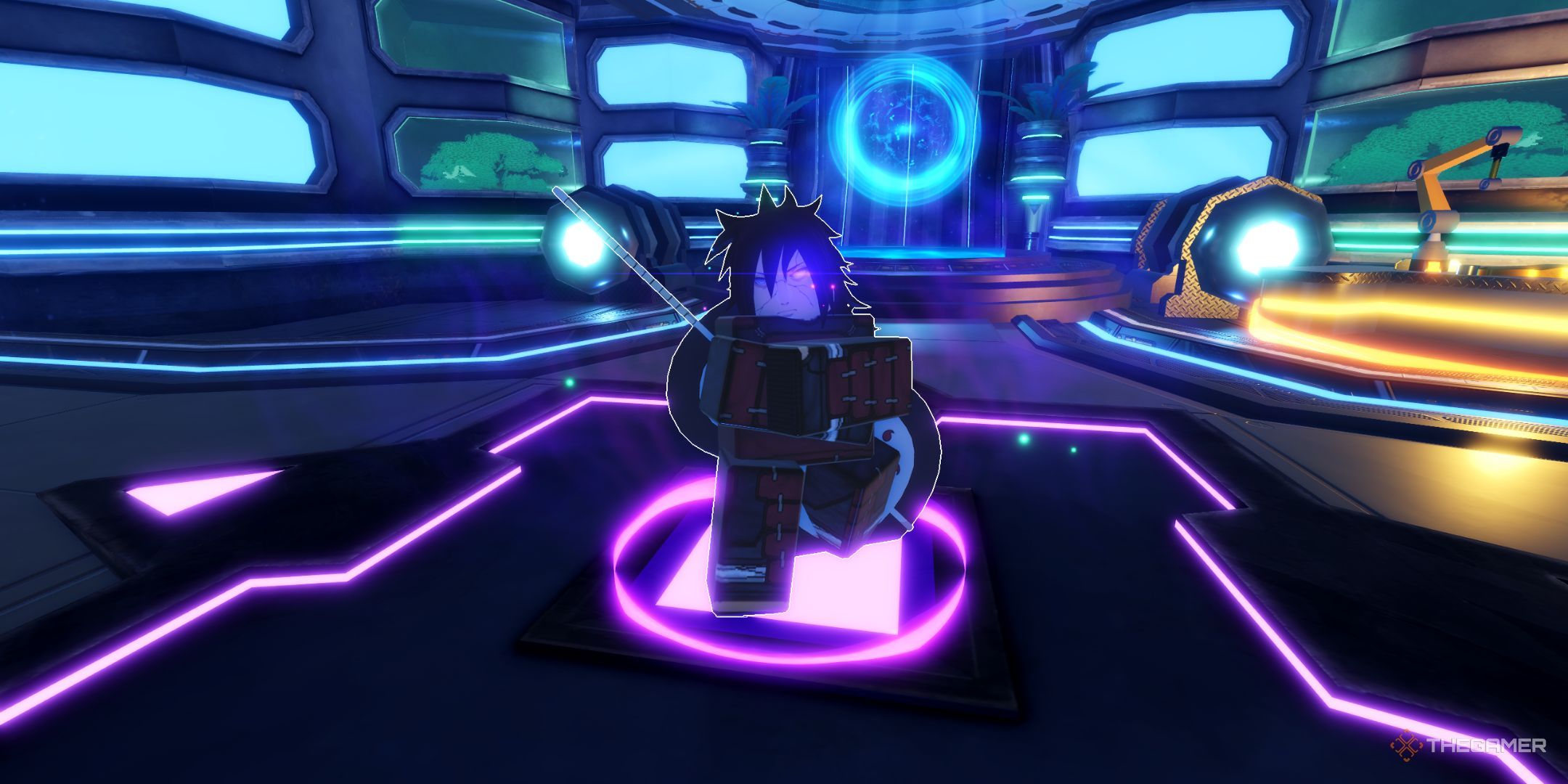 The player character shows Mandra NPC in the Upgrades area in Anime Vanguards.