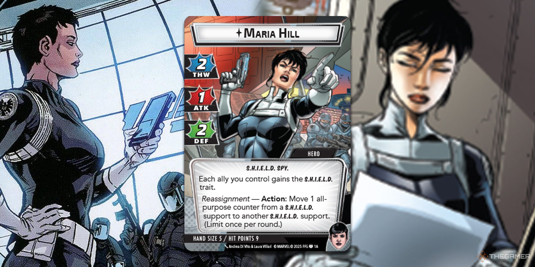 Maria Hill&rsquo;s hero card is in the foreground, with illustrations featuring her in the background in Marvel Champions.