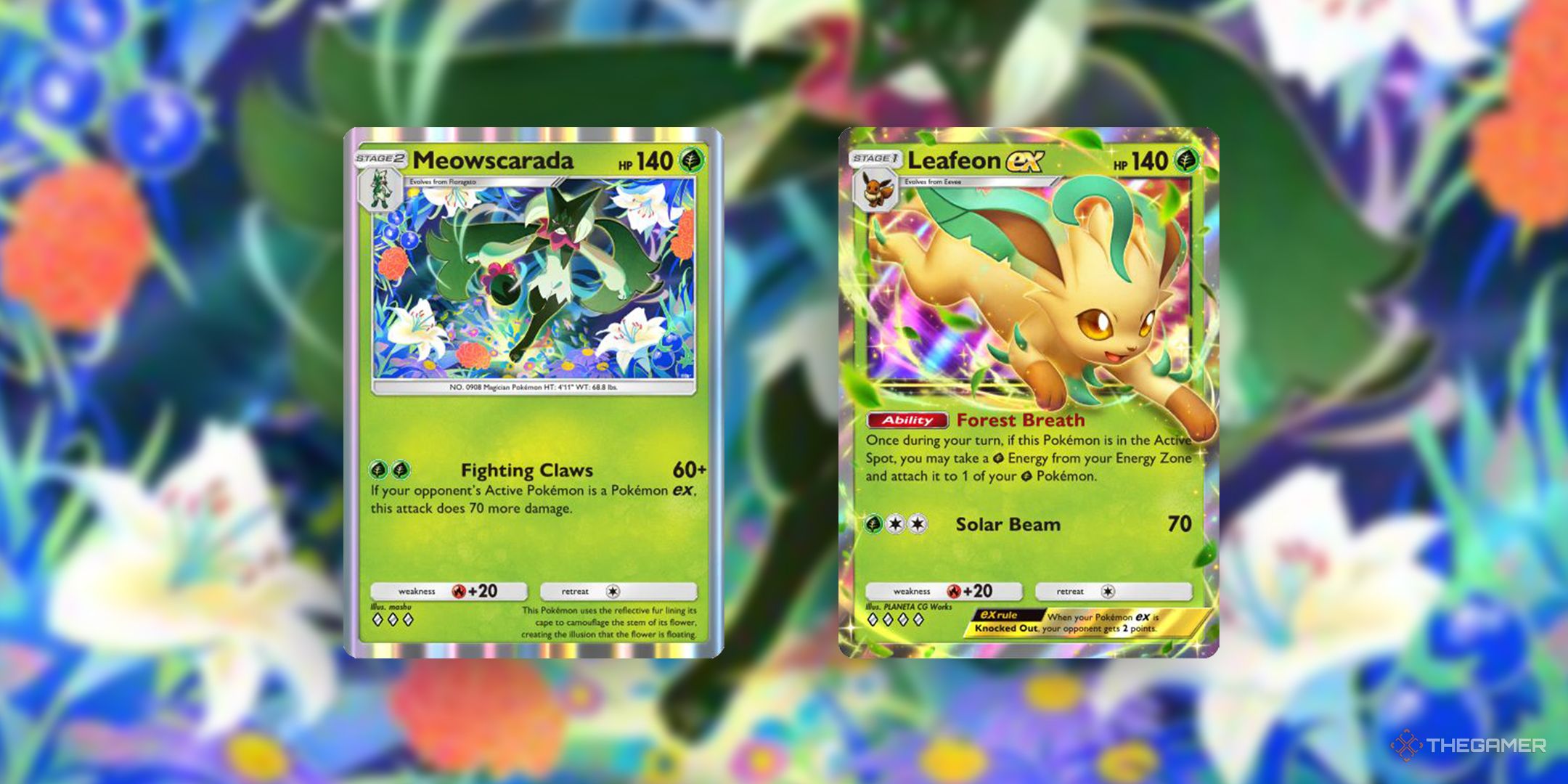 The normal art versions of Meowscarada and Leafeon ex in Pokemon TCG Pocket.