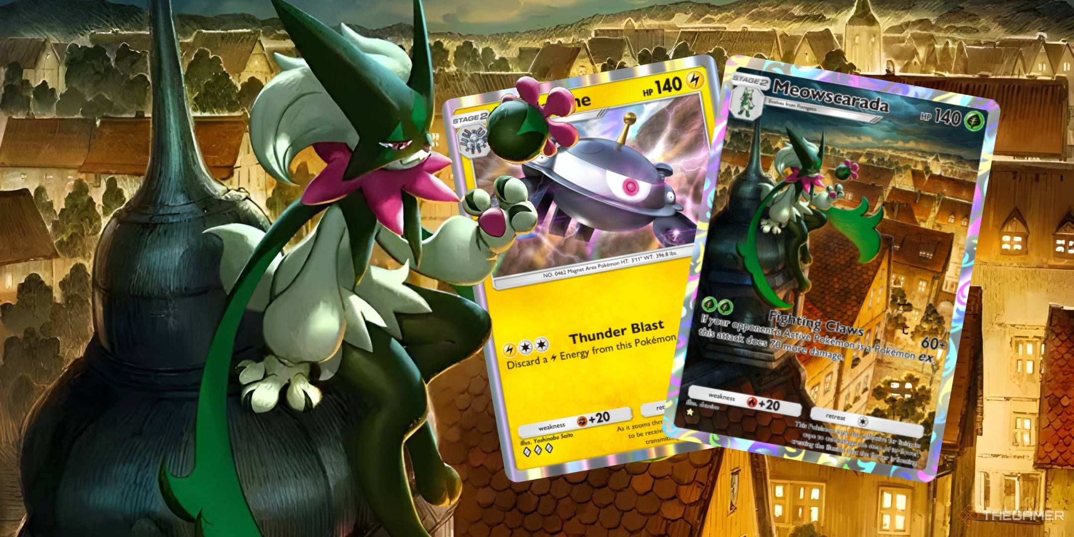 Mosakada sits on top of a building and praises the deck's prominent deck cards in the Pokémon TCG pocket.