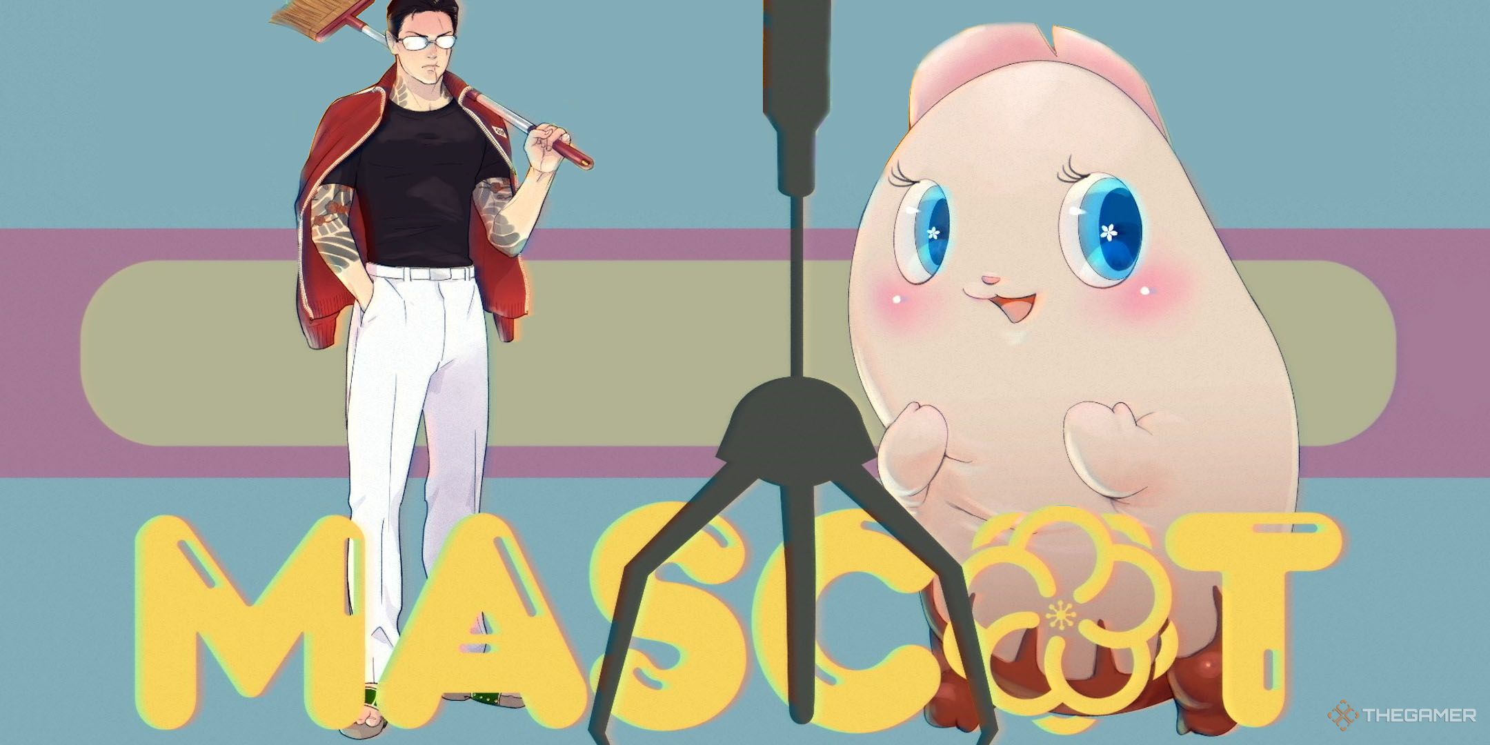 Michi and Pinky with a crane game claw in Promise Mascot Agency.
