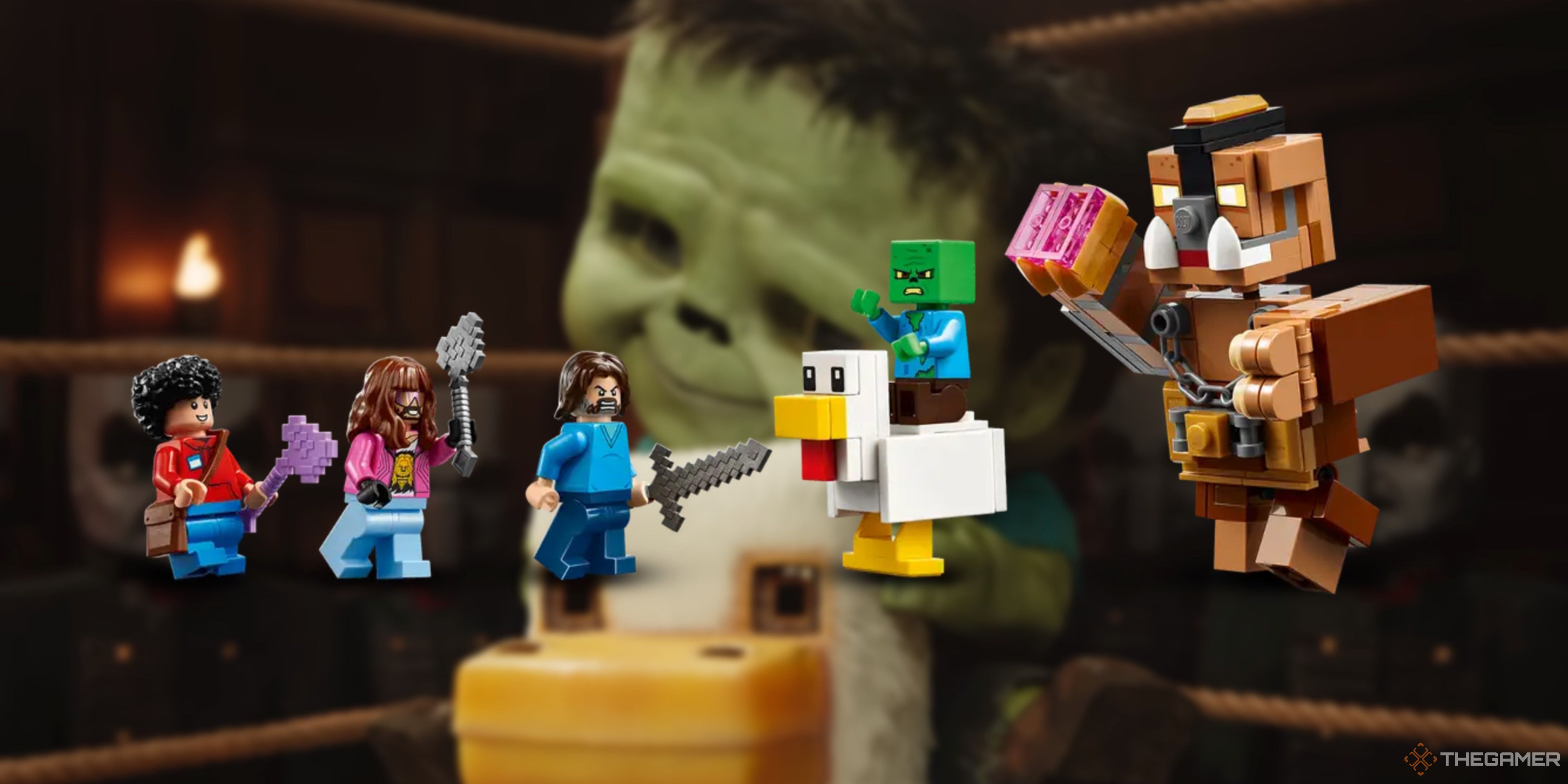 minecraft movie lego minifigures in front of a blurred chicken jockey scene from the minecraft movie.