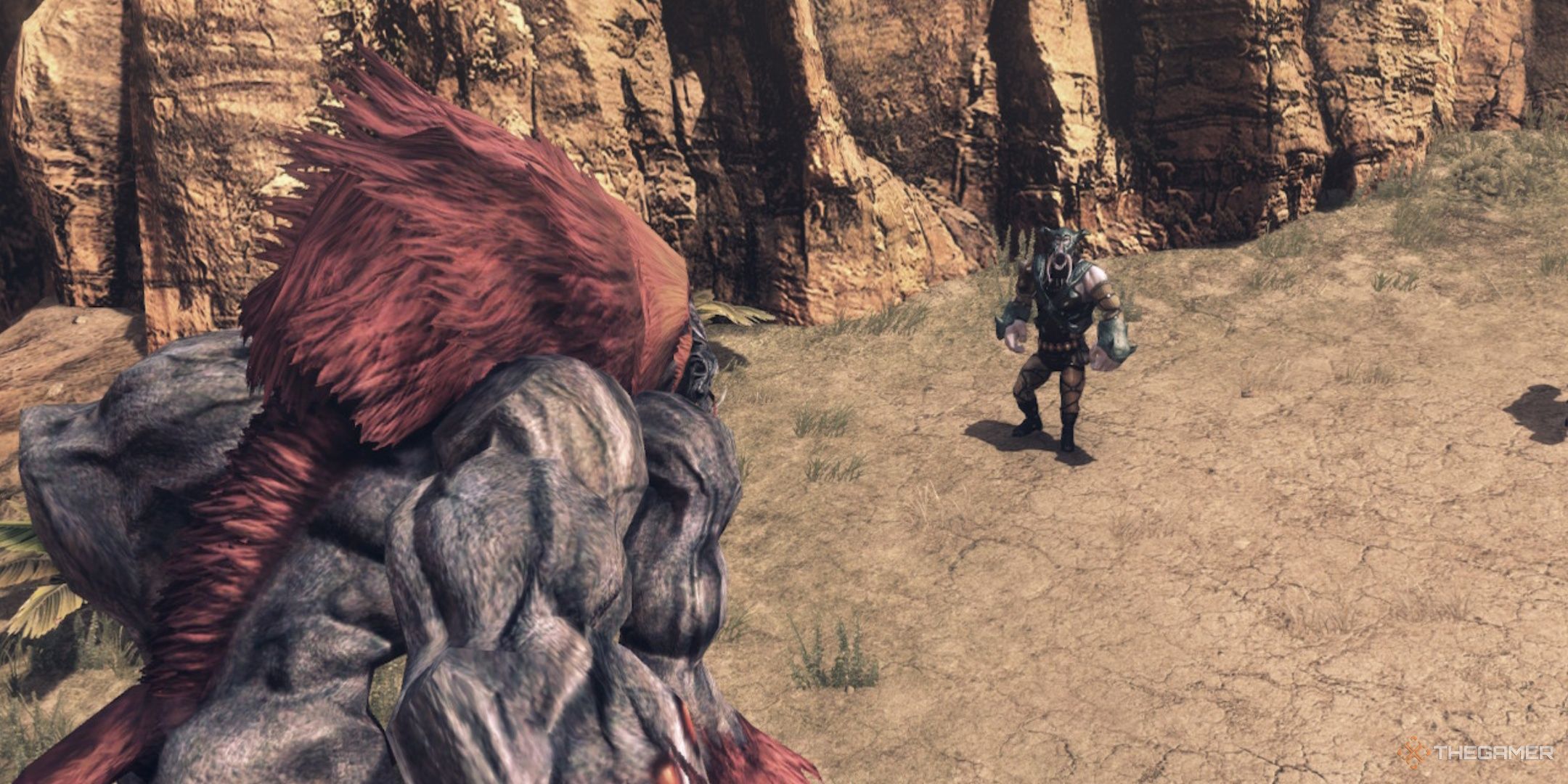 A simius looking at a tree clan prone in xenoblade chronicles x definitive edition.