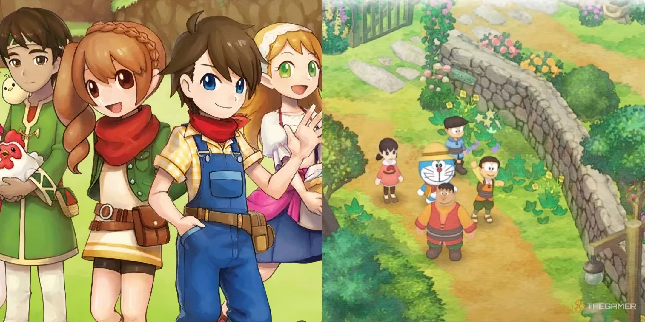 Characters from harvest moon and doraemon story of seasons side by side.