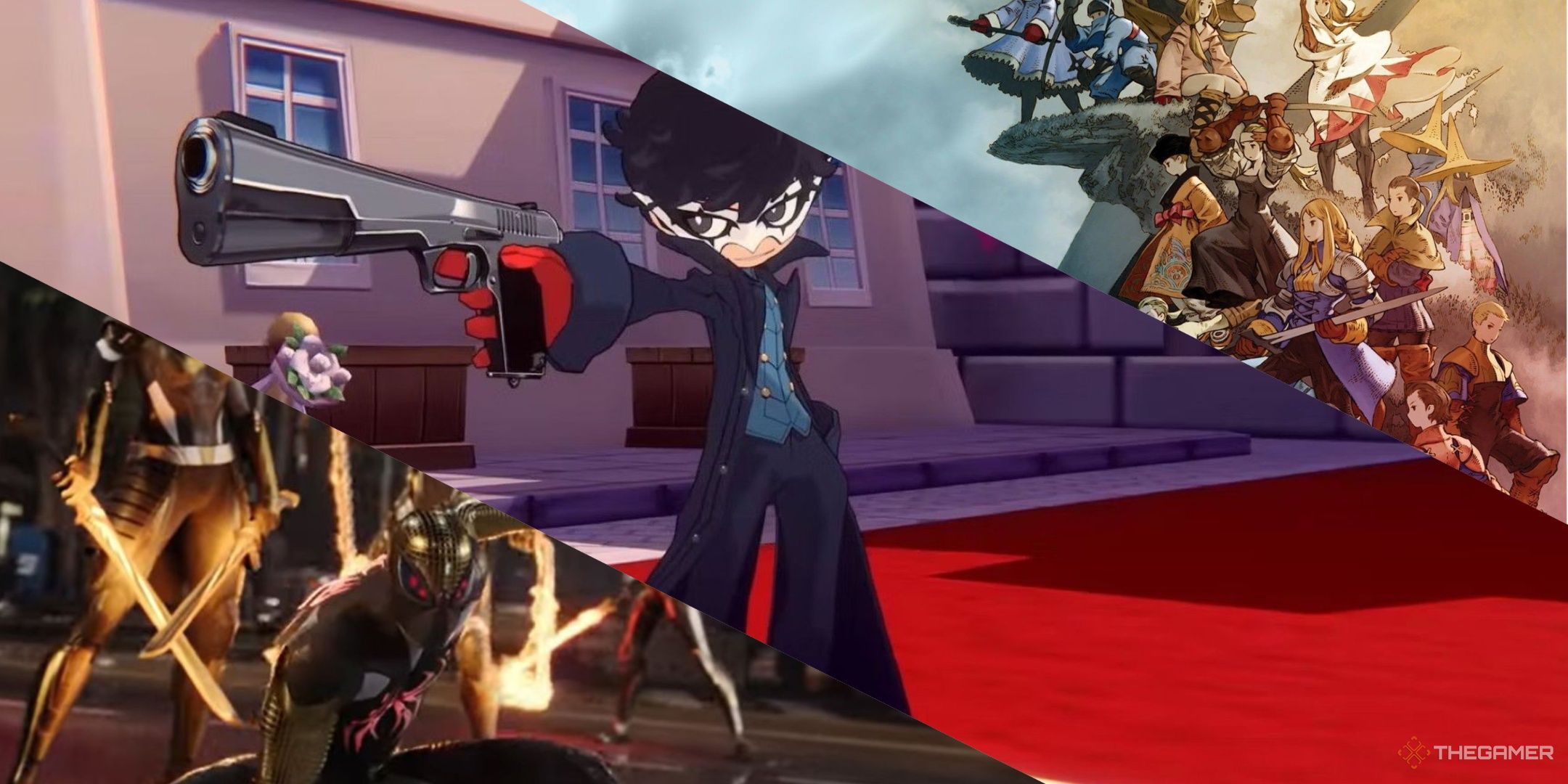 The cast of Marvel's Midnight Suns, Joker with his gun in persona 5 tactica, and the cast of Final Fantasy Tactics, left to right.
