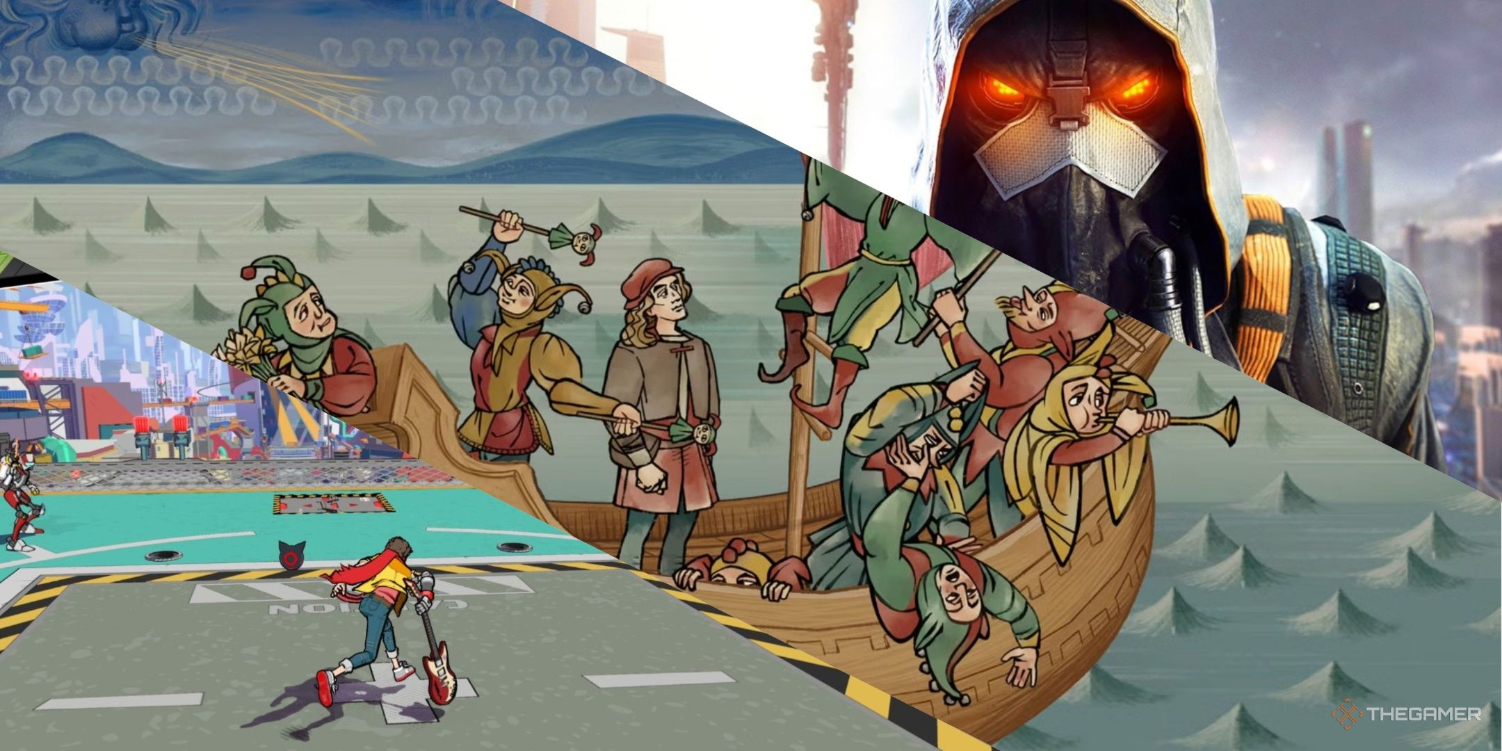 Chai in Hi-Fi Rush, characters on a boat in Pentiment, and a Helghan from Killzone, left to right.