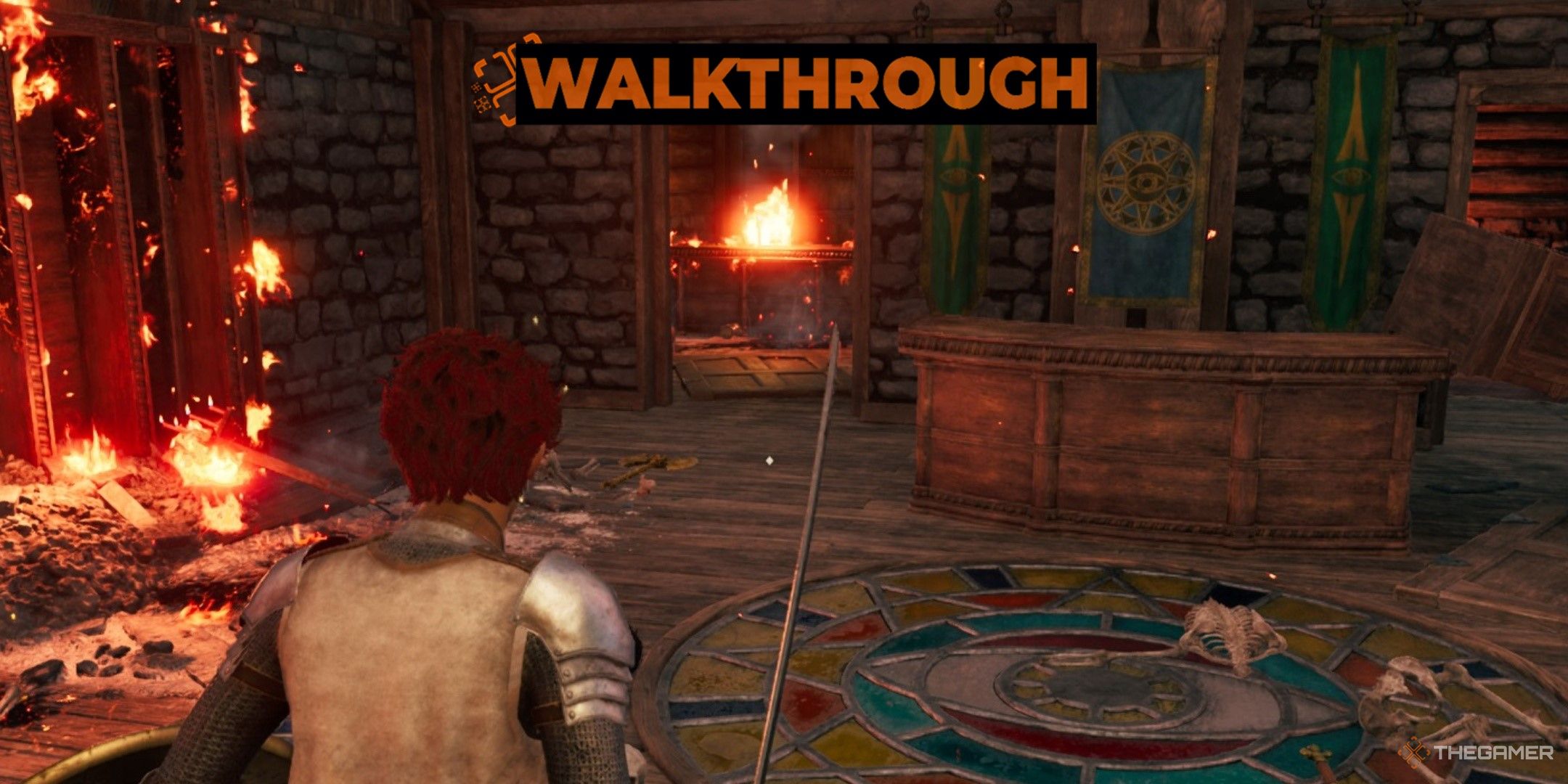 Player draws their sword and faces a burning mages' guild in Bruma in Oblivion Remastered.